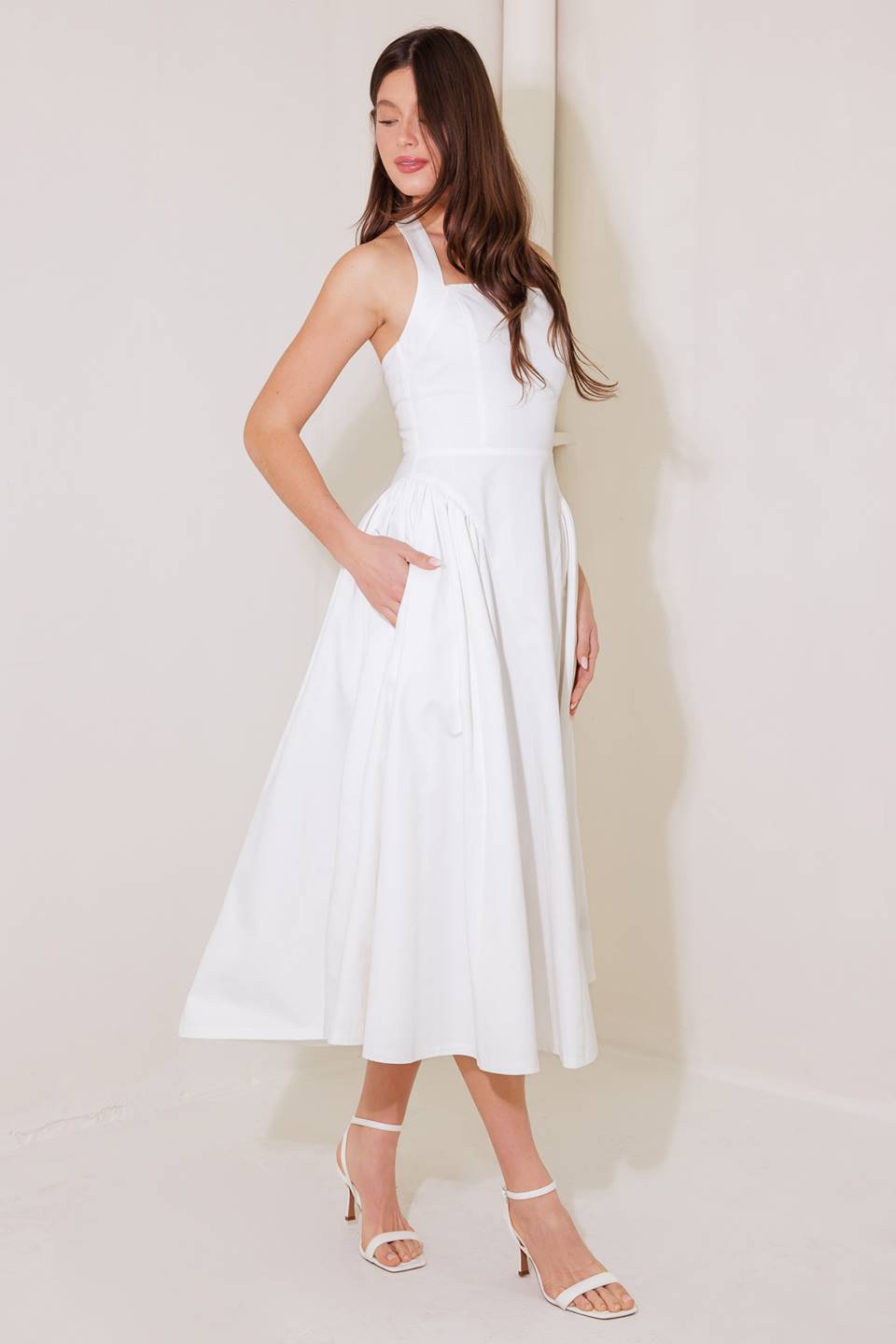 Stylish White Halter Midi Dress for Women - Perfect for Summer Outings, Beach Vacations, and Rainy Day Chic