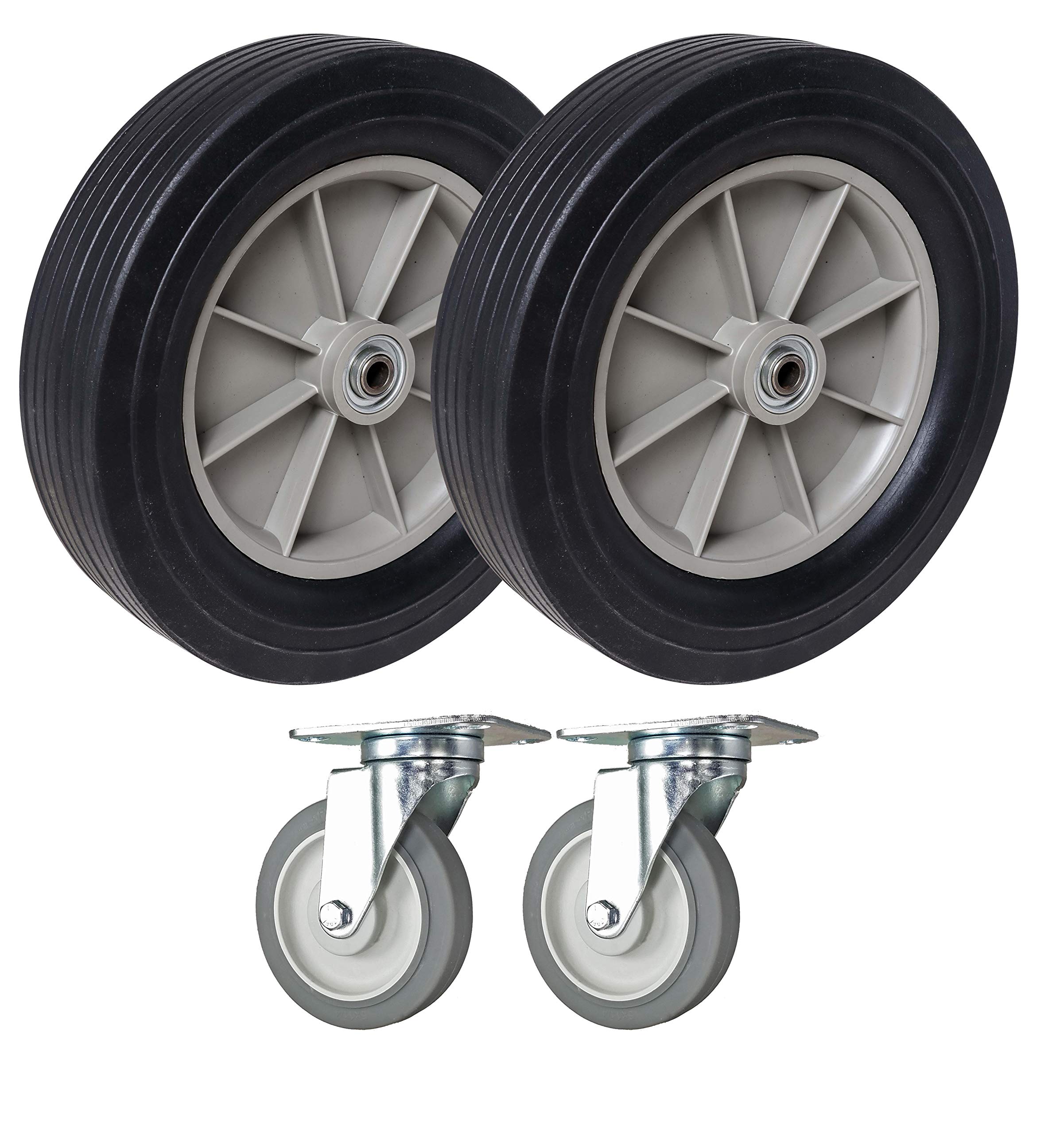 SES Brand 12 Inch Wheels and 5 Inch Caster Replacement Set - Compatible with Rubbermaid Tilt Truck Models 9T15 & 9T16 - Heavy Duty Replacement Wheels for Commercial Carts, Hand Trucks, and Utility Vehicles