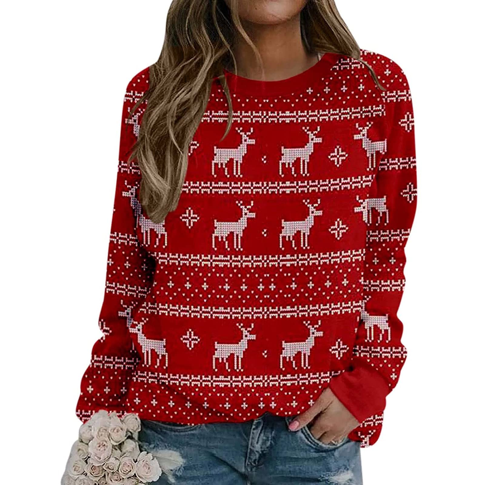 Women's Vintage Christmas Print Sweater - Long Sleeve Crewneck Pullover for Fall & Winter
