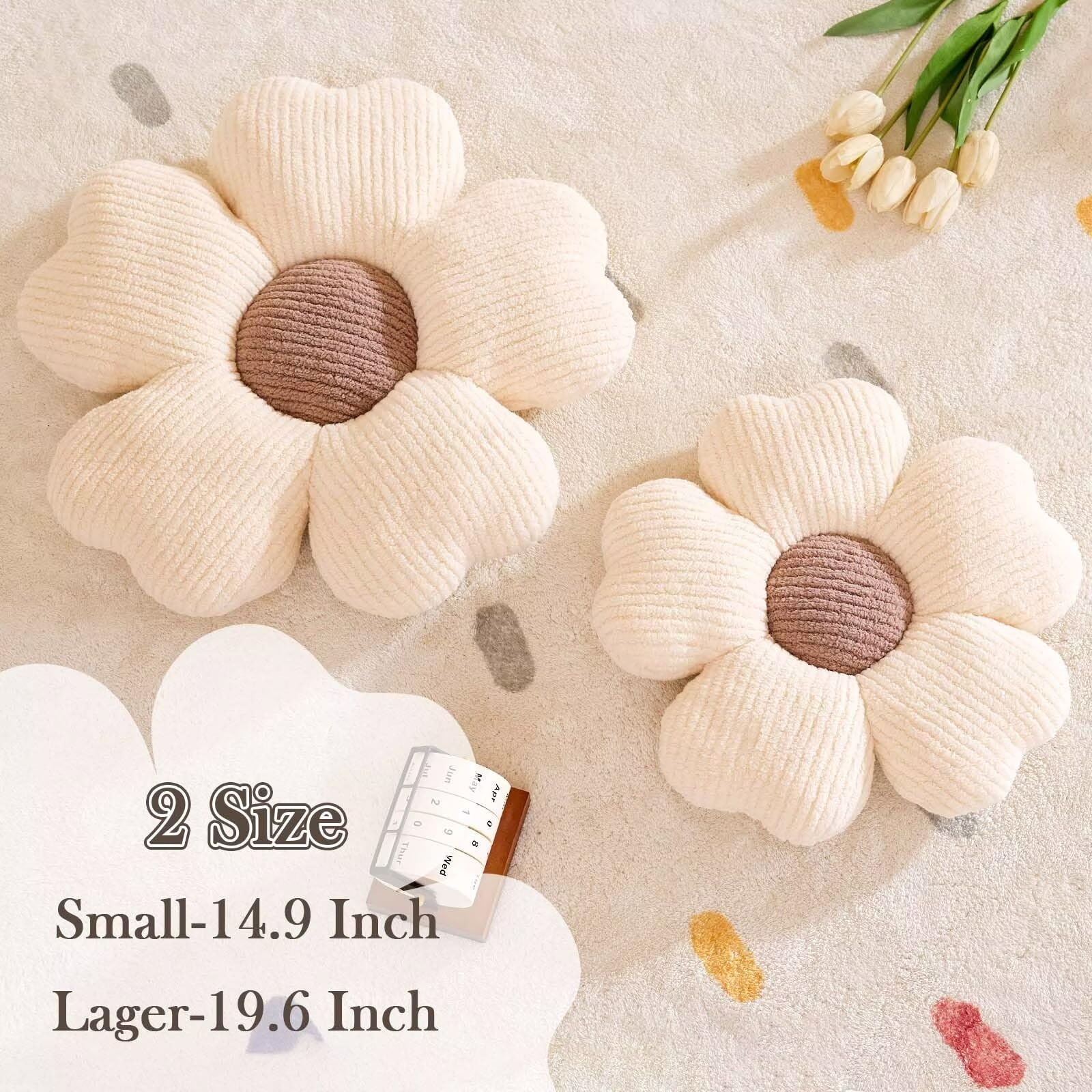 Soft Daisy Flower Throw Pillow - 19.6 Inch Decorative Cushion for Bed, Couch & Floor Seating (Ivory+Brown) | Boho Home Decor, Living Room Accent, Nursery Pillow