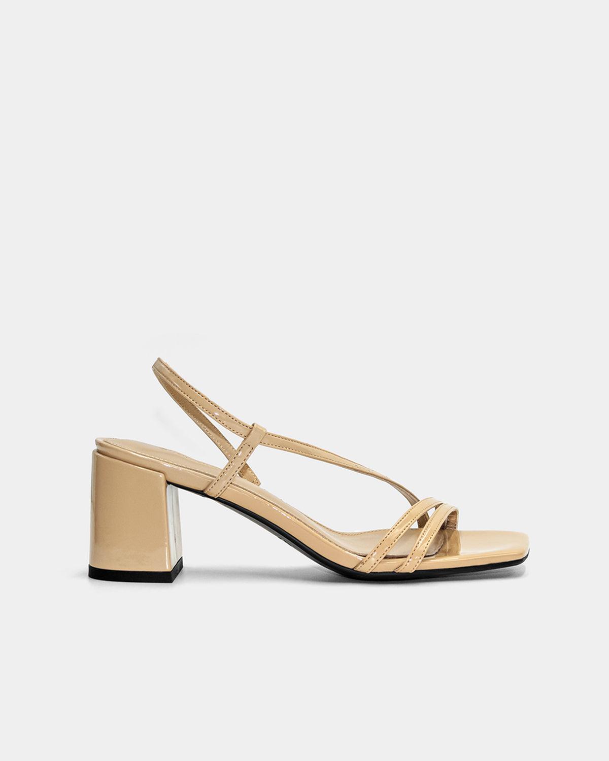 Beige Patent Leather Strap Sandals with Block Heel | Women's Comfortable Dressy Summer Shoes for Weddings, Parties & Office Wear