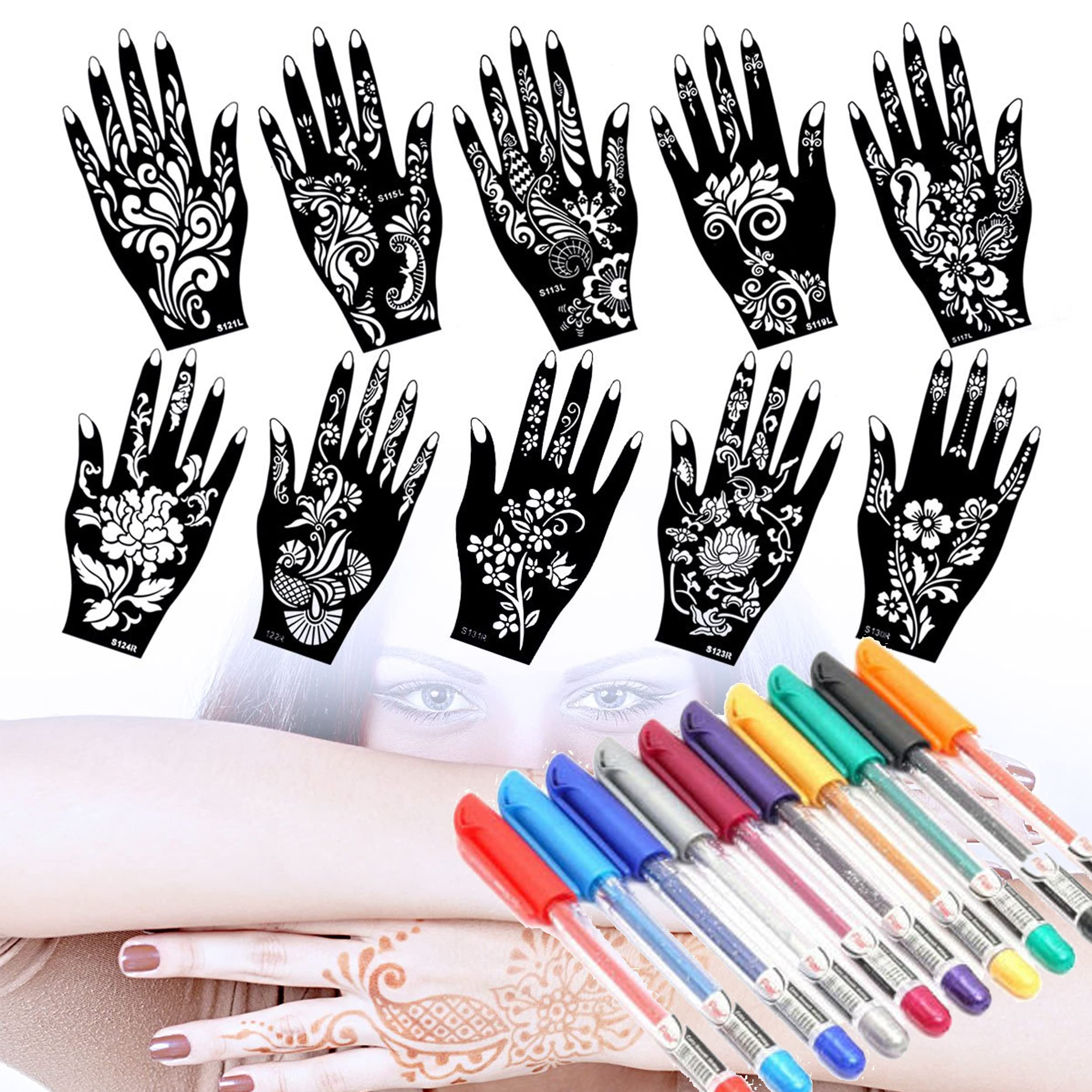 10 Sheets Henna Tattoo Stencils Kit - Temporary Indian & Arabian Body Art Designs for Hands & Feet with Glitter Pen - Perfect for Festivals, Weddings & DIY Body Painting