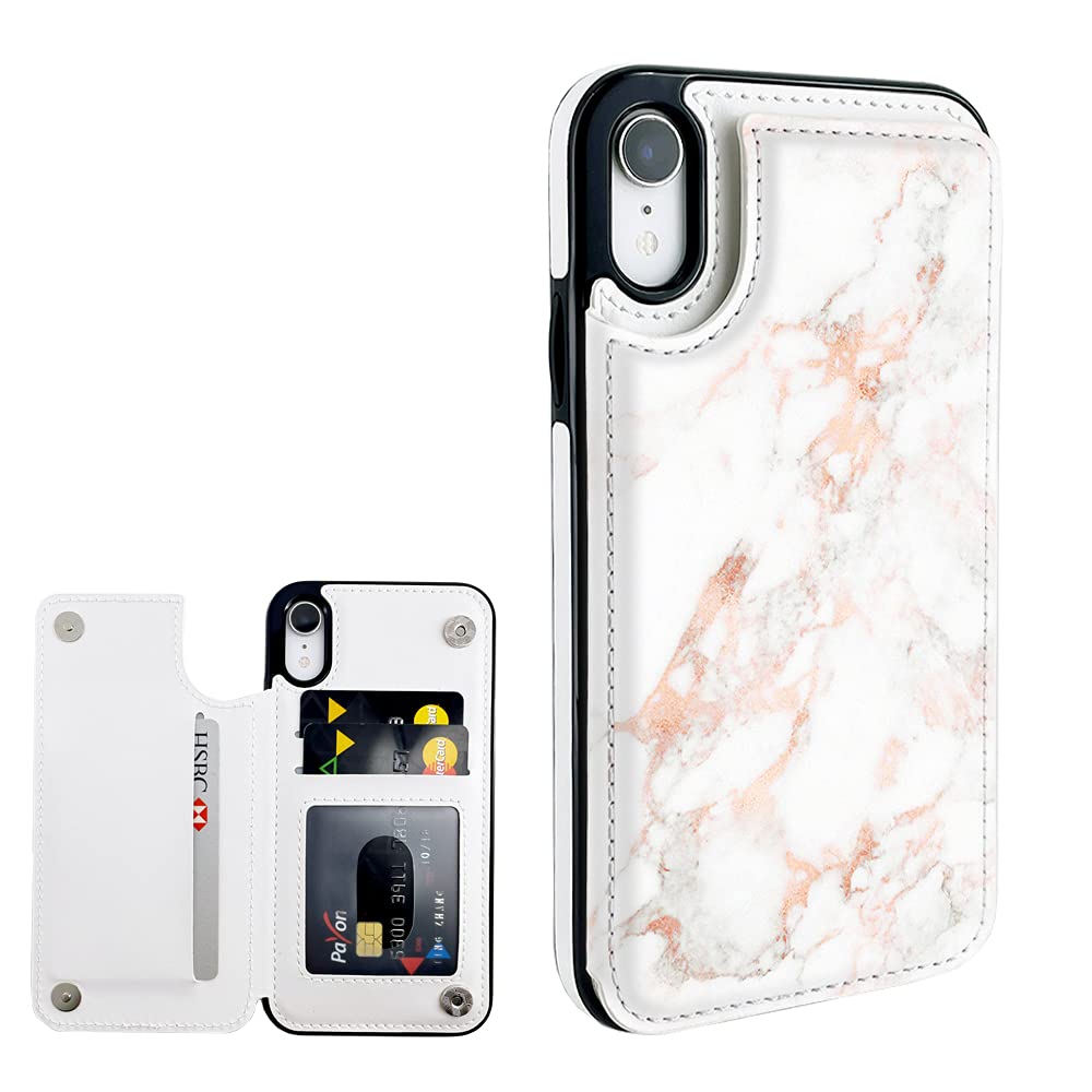 Rose Gold Marble Wallet Case for iPhone XR with Card Holder & Kickstand - Slim Protective Phone Cover with RFID Blocking (6.1 Inch) - Perfect for Everyday Use, Travel & Hands-Free Viewing
