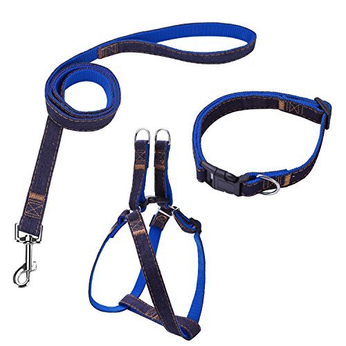 Premium Dog Harness, Leash & Collar Set - Heavy Duty Nylon with Denim Design for Small, Medium & Large Dogs | Walking, Training & Outdoor Adventures (Blue, Size M)
