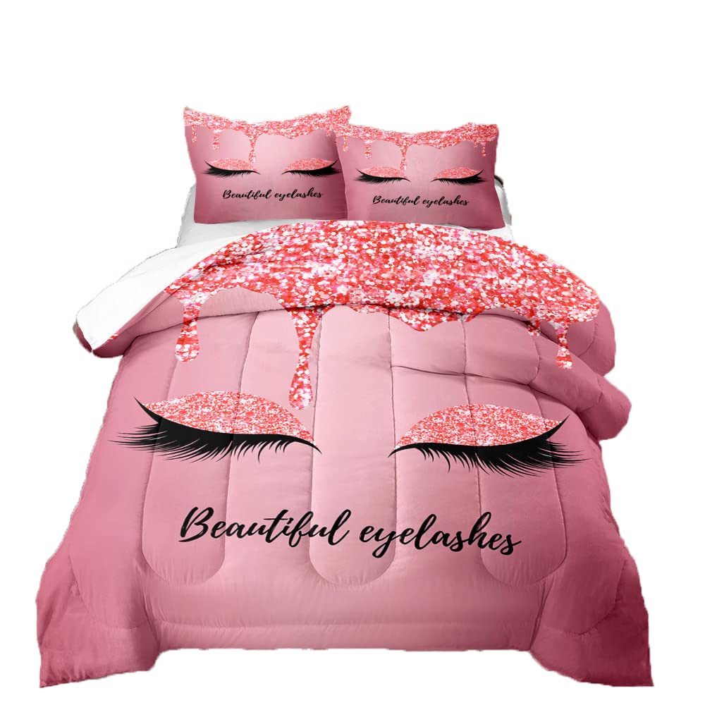 Pink Shine Closed Eyes Soft All Seasons Twin Comforter Set - Dramatic Beautiful Eyelashes Design for Teen Girls & Women | Cozy Bedroom Decor for Dorm, Apartment & Guest Room