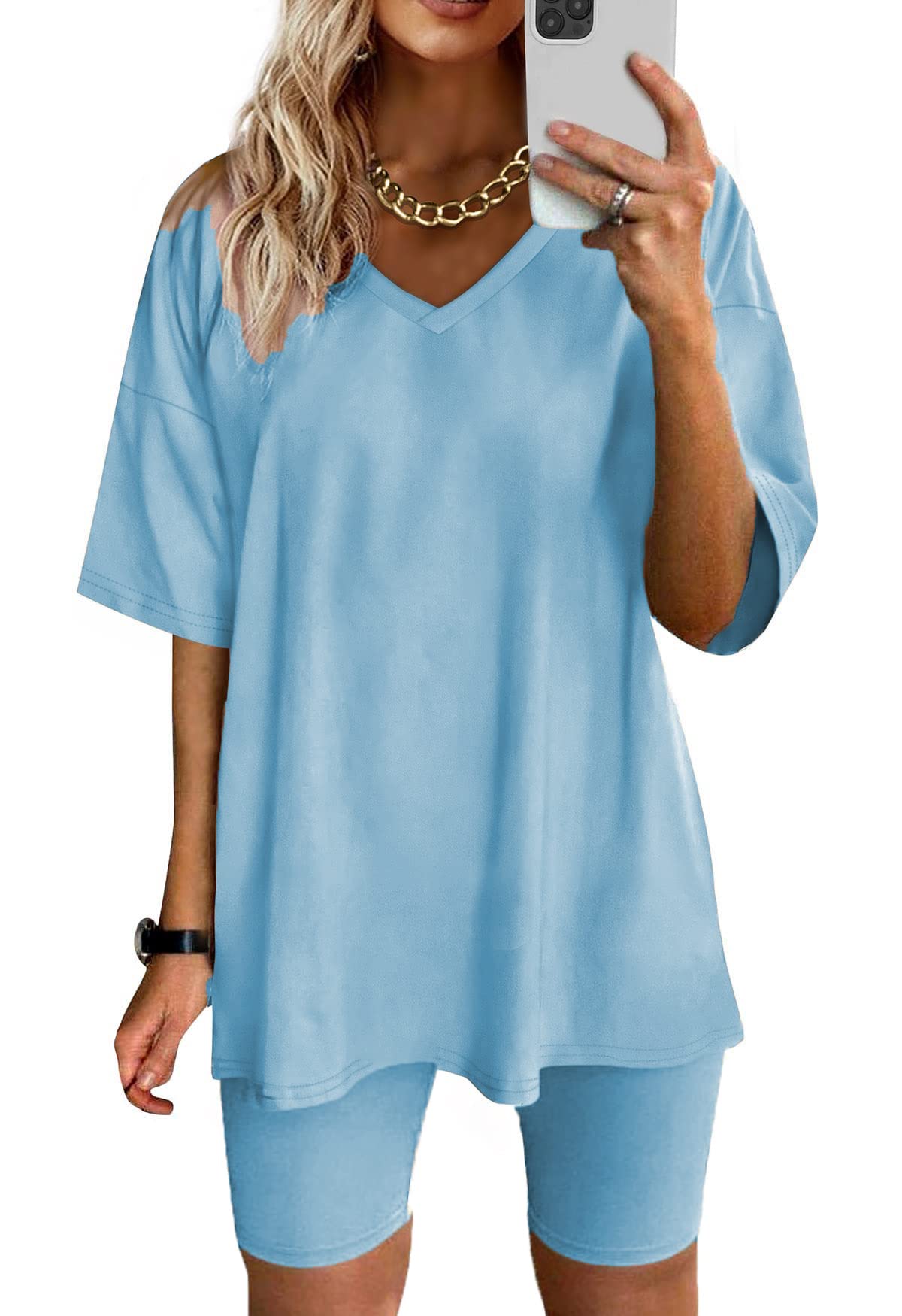 Youdiao Women's 2-Piece Outfits - Summer Casual V-Neck Oversized T-Shirt & Biker Shorts Set | Lounge Wear, Gym, Street Fashion