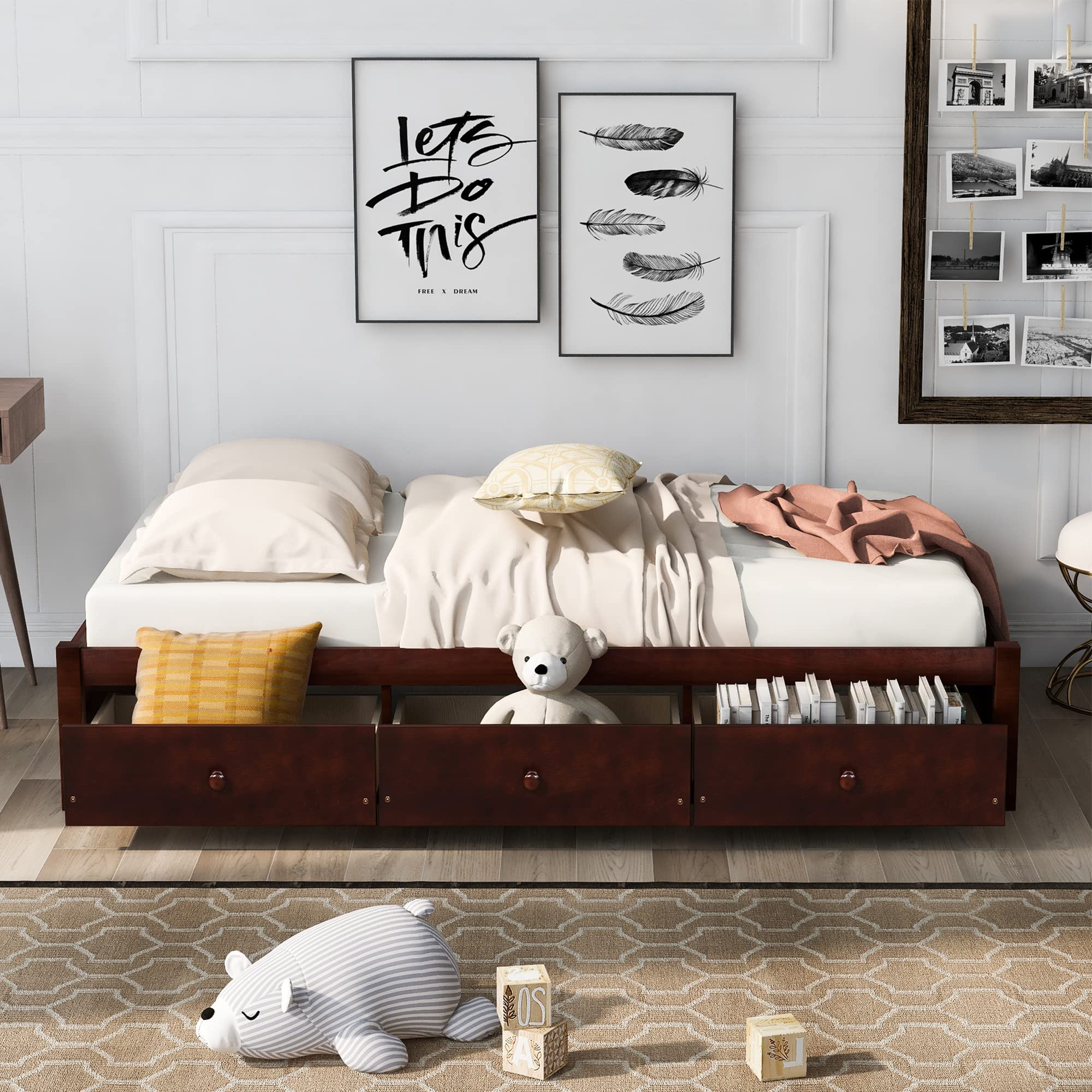 Solid Wood Twin Bed Frame with Storage Drawers - Sturdy Platform Bed for Bedroom & Living Room - Perfect for Kids, Teens, Boys & Girls (Cherry Finish) - Space-Saving Solution for Small Rooms & Apartments