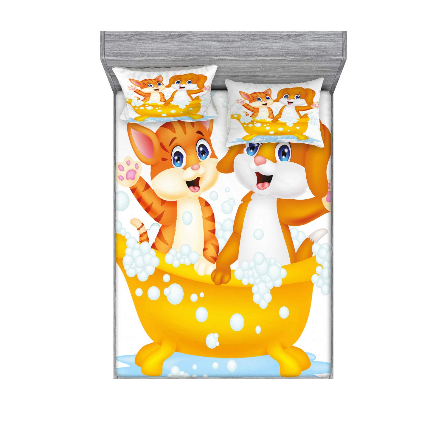 Ambesonne Animal Print 3-Piece Bedding Set - Cartoon Cat & Dog in Bathtub with Bubbles Design, Queen Size Fitted Sheet & Pillow Shams, Yellow Brown Blue - Perfect for Kids' Rooms, Guest Bedrooms & Themed Decor