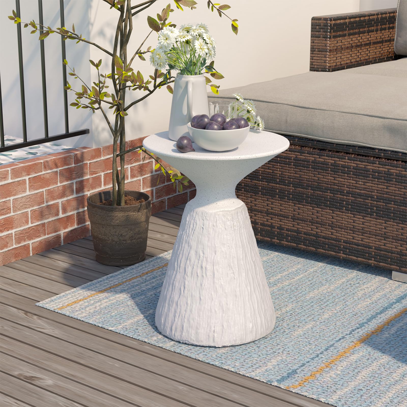 Lightweight Mushroom Shaped MgO Outdoor Side Table - Round Base Patio End Table & Plant Stand for Garden, Deck, Balcony - Spotted White Accent Table for Outdoor Relaxation & Decor