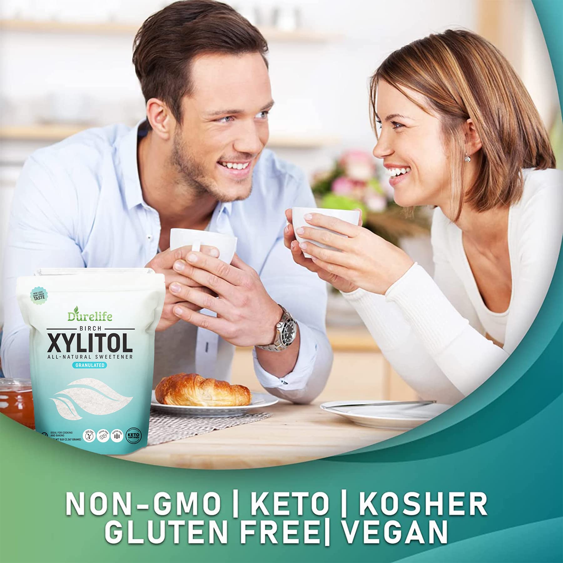 DureLife XYLITOL Sugar Substitute 2.5 LB (40 OZ) - 100% Pure Birch Xylitol, Non-GMO, Gluten-Free, Kosher - Natural Sugar Alternative for Baking, Coffee & Healthy Lifestyle