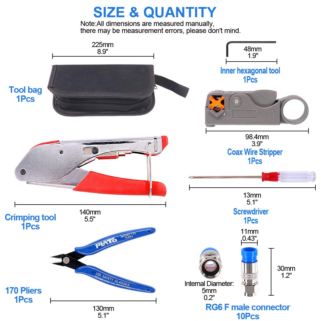 Glarks Coaxial Cable Tool Set - Coax Cable Crimper, Stripper & Wire Cutter with 10pcs F Compression Connectors Kit for TV, Satellite & Internet Installation