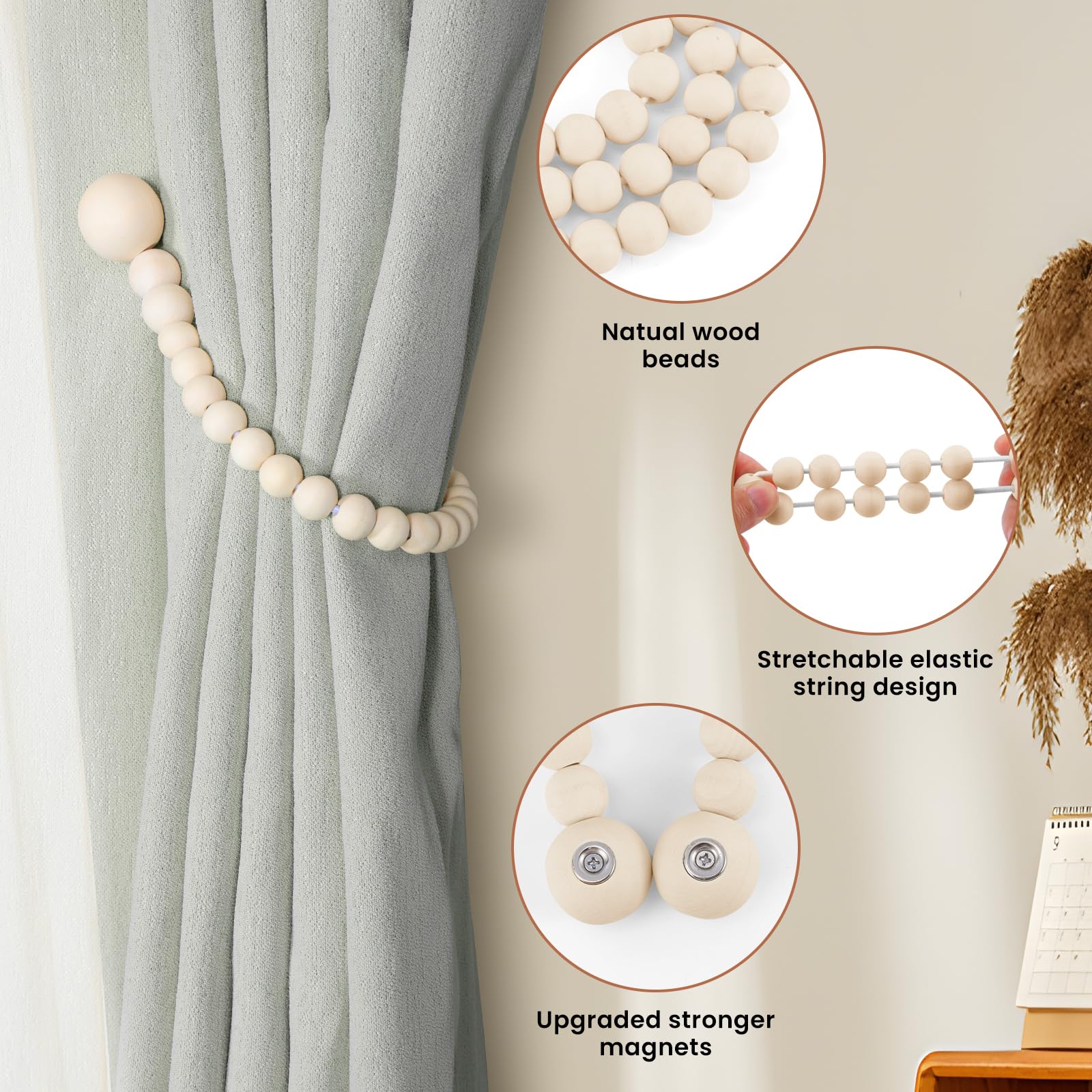 Magnetic Wood Bead Curtain Tiebacks 2 Pack - Boho Farmhouse Decor for Bedroom & Nursery