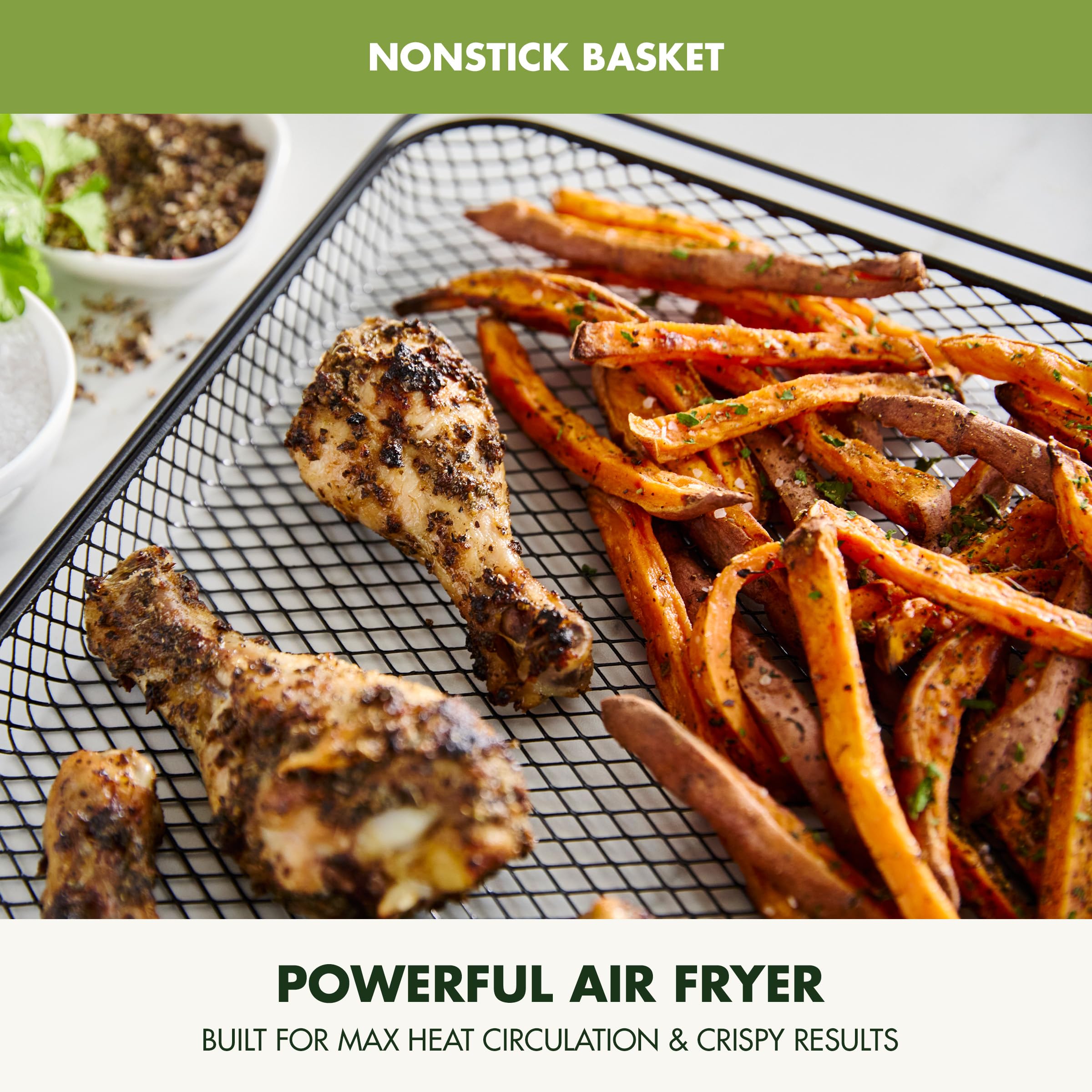 GreenPan Bistro 9-in-1 Stainless Steel Air Fryer Oven with Nonstick Baking Pan, Rack & Basket - Fast Heating, Multiple Presets, Cool-Touch Handle, PFAS-Free, Easy Clean Crumb Tray - Perfect for Baking, Roasting & Air Frying at Home