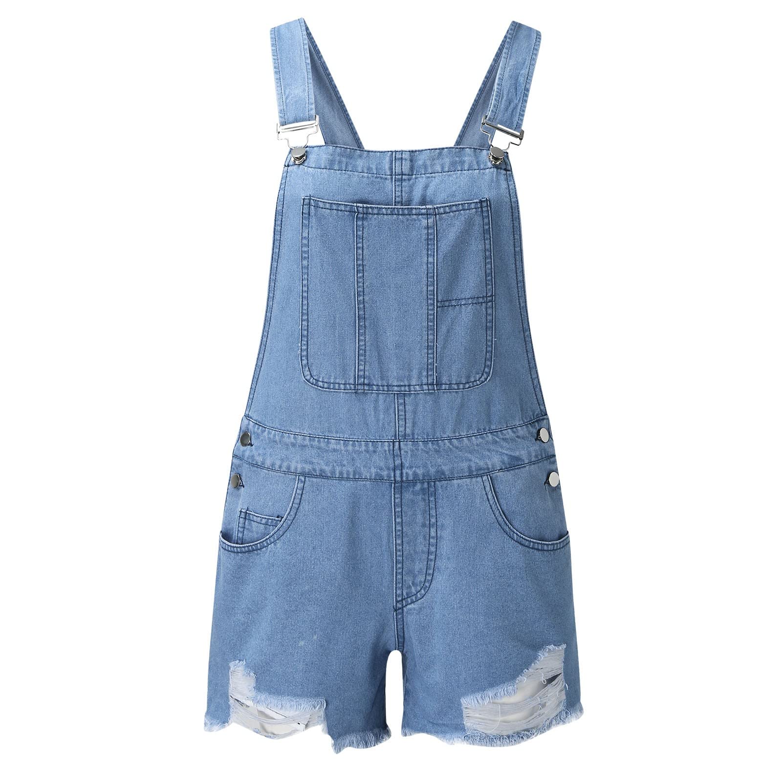 Women's Stretch Denim Shortalls - V-Neck Short Sleeve Romper Overalls in Blue (Size XL) | Casual Summer Outfit, Beach Wear, Festival Fashion