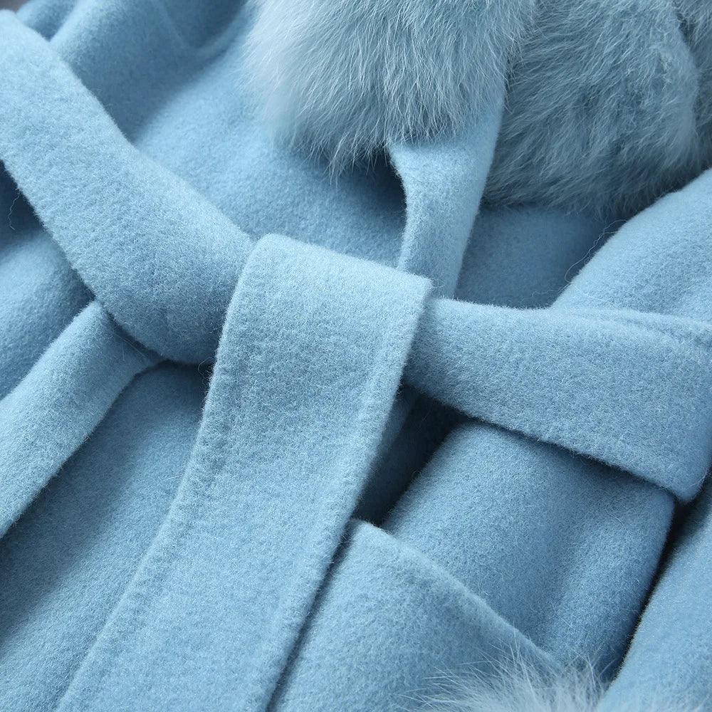 Luxury Women's Long Wool Coat with Detachable Fox Fur Collar - Winter Warm Elegant Trench Coat for Office, Party & Formal Occasions