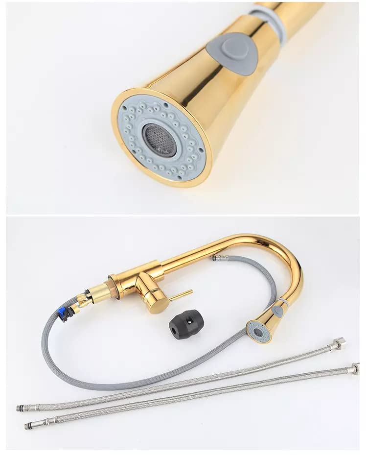 Premium Single Lever Pull-Down Kitchen Sink Faucet with 2-Flow Sprayer & 360° Rotation - Multi-Function Spray Head Technology - Gold Finish (Model 3) - Perfect for Modern Kitchens, Dishwashing & Food Prep