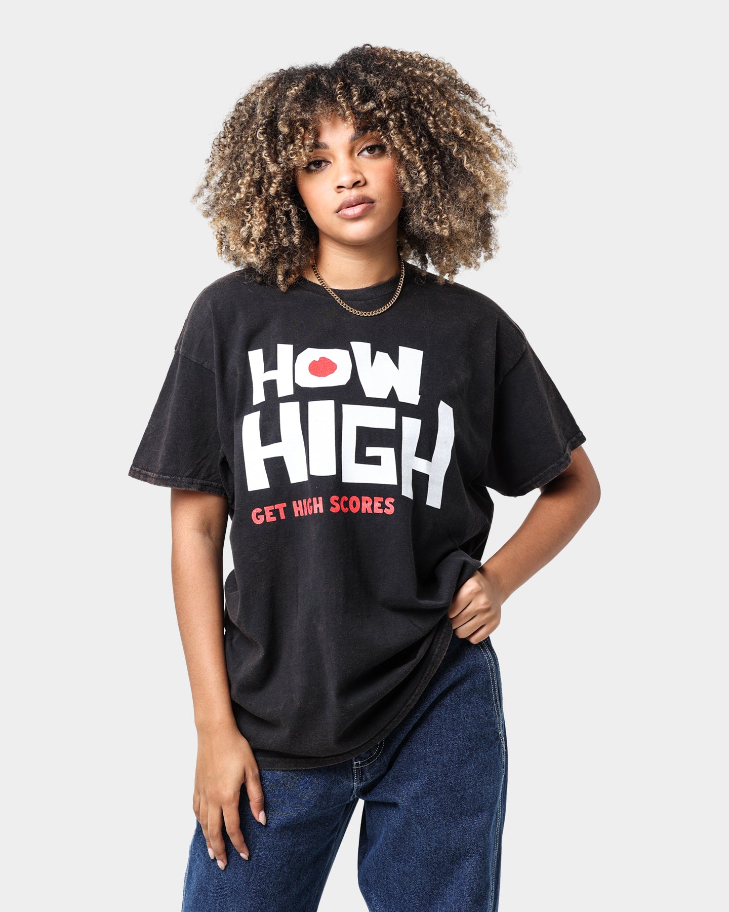 American Thrift X 420 How High Vintage Washed Black T-Shirt | Retro Cannabis Culture Tee for Music Festivals & Casual Streetwear
