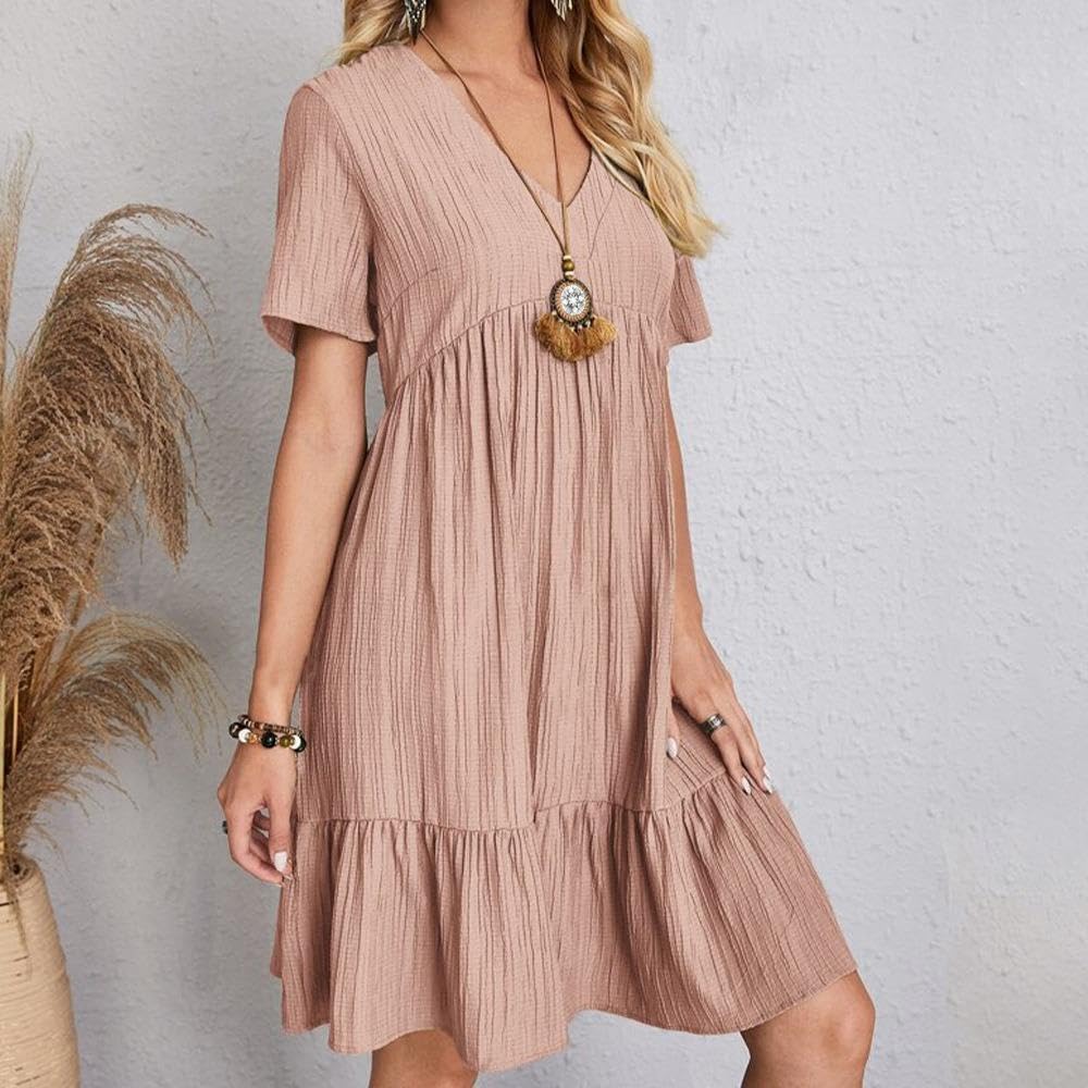 Women's Summer V-Neck Short Sleeve Ruffle Hem Flowy Swing Dress - Swiss Dot Chiffon Mini Babydoll Dress for Beach, Party & Casual Wear