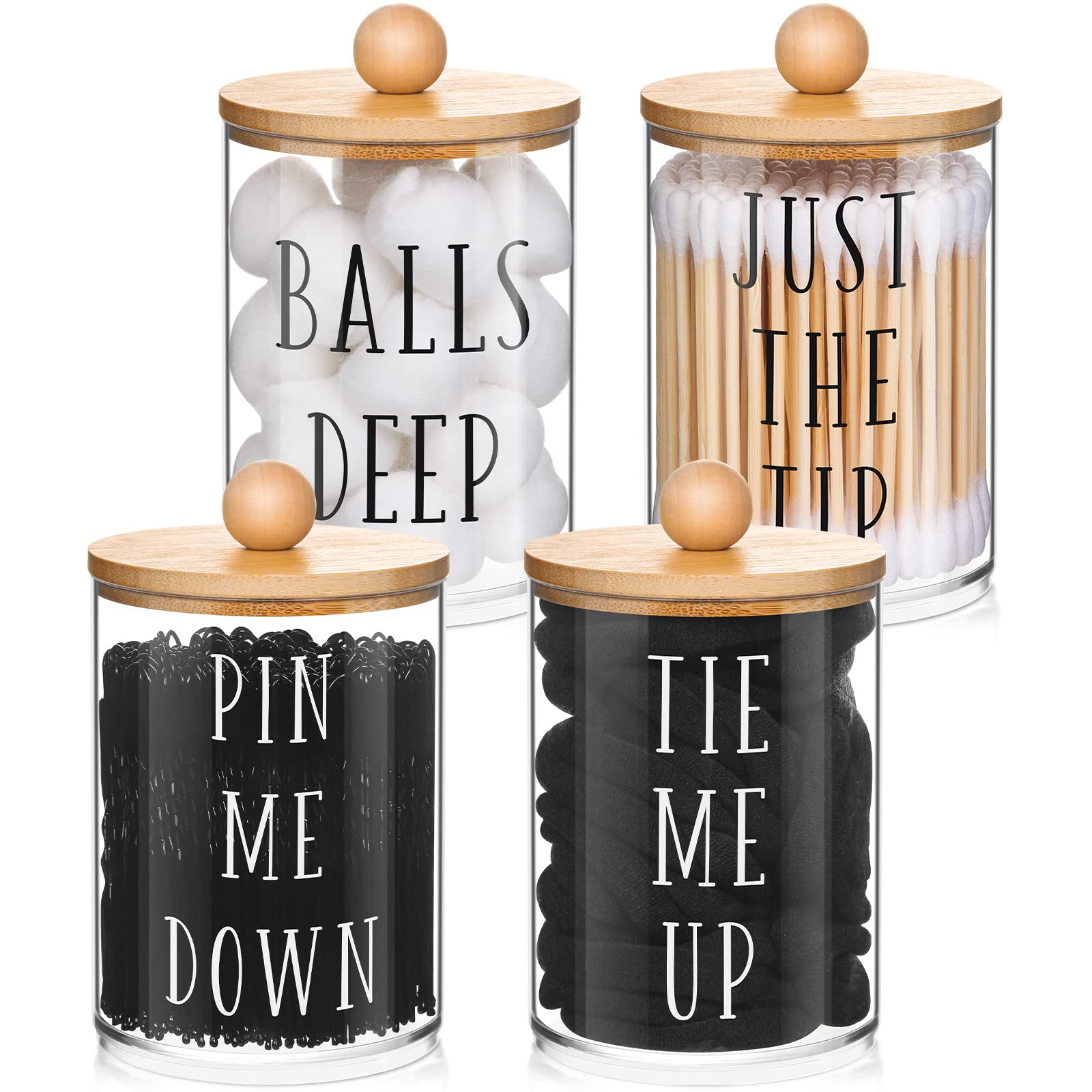 4 Pack 10 oz Clear Apothecary Jars with Lids - Cotton Ball Holder, Q-tip Organizer, Bathroom Storage Containers for Cotton Swabs, Rounds & Dental Floss - Perfect for Vanity, Spa & Bathroom Decor Organization