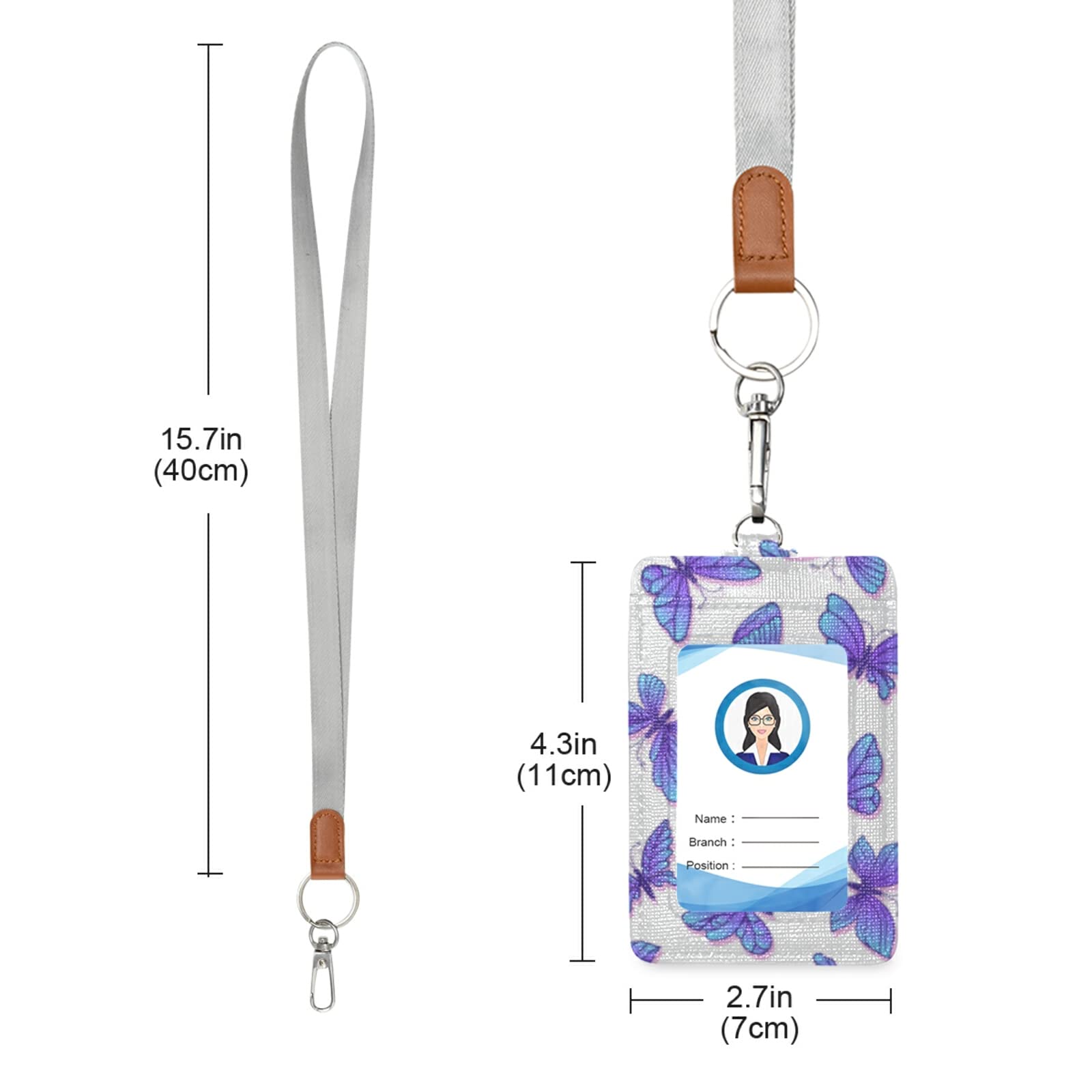 Vertical Leather ID Badge Holder with Lanyard - Purple Butterflies Design for Office & School Staff