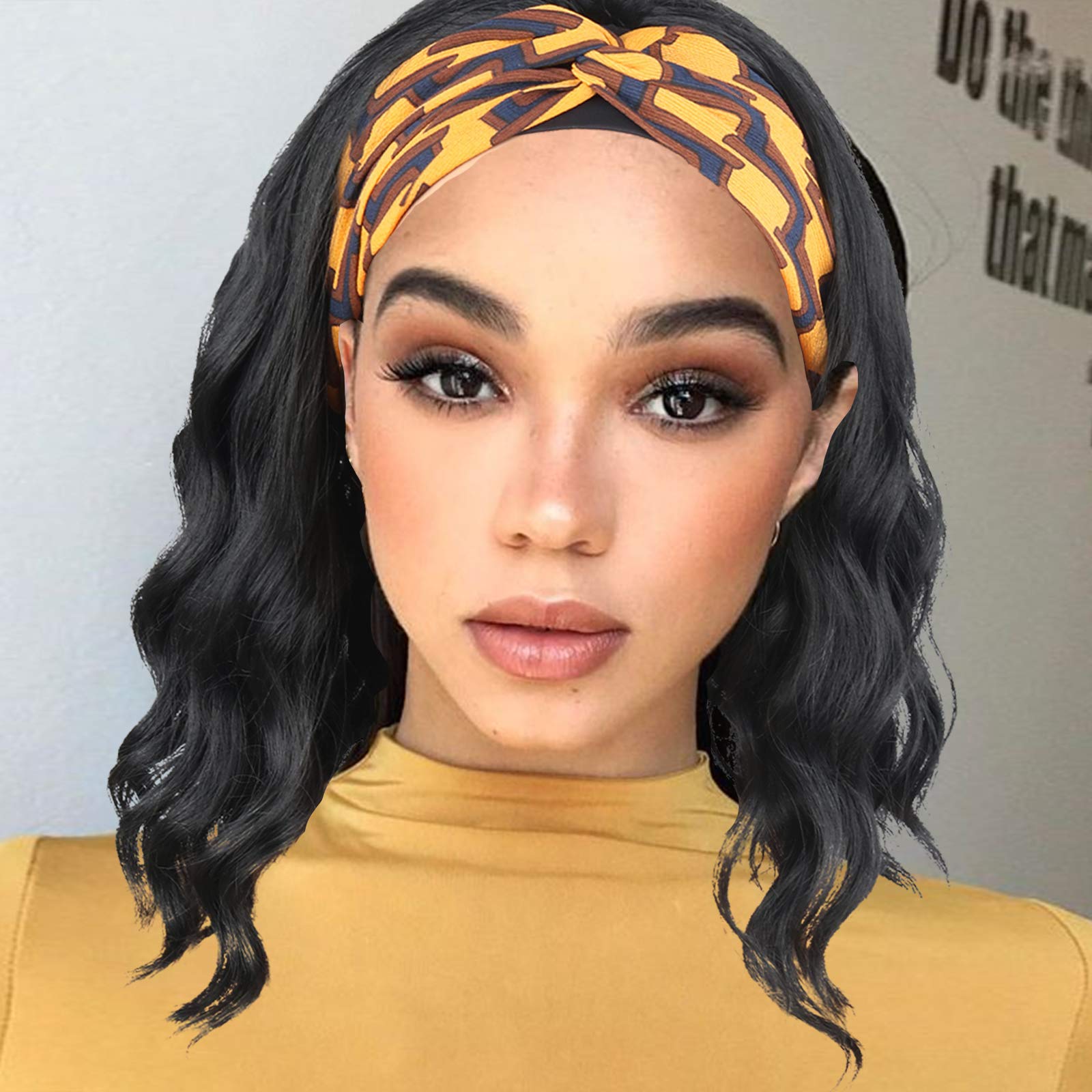Short Curly Headband Wigs for Black Women - 14 Inch Black Wavy Synthetic Wigs with Attached Headband & Ice Silk Turban - Body Wave Head Wrap Wigs for Women - Perfect for Daily Wear, Cosplay, and Protective Hairstyles