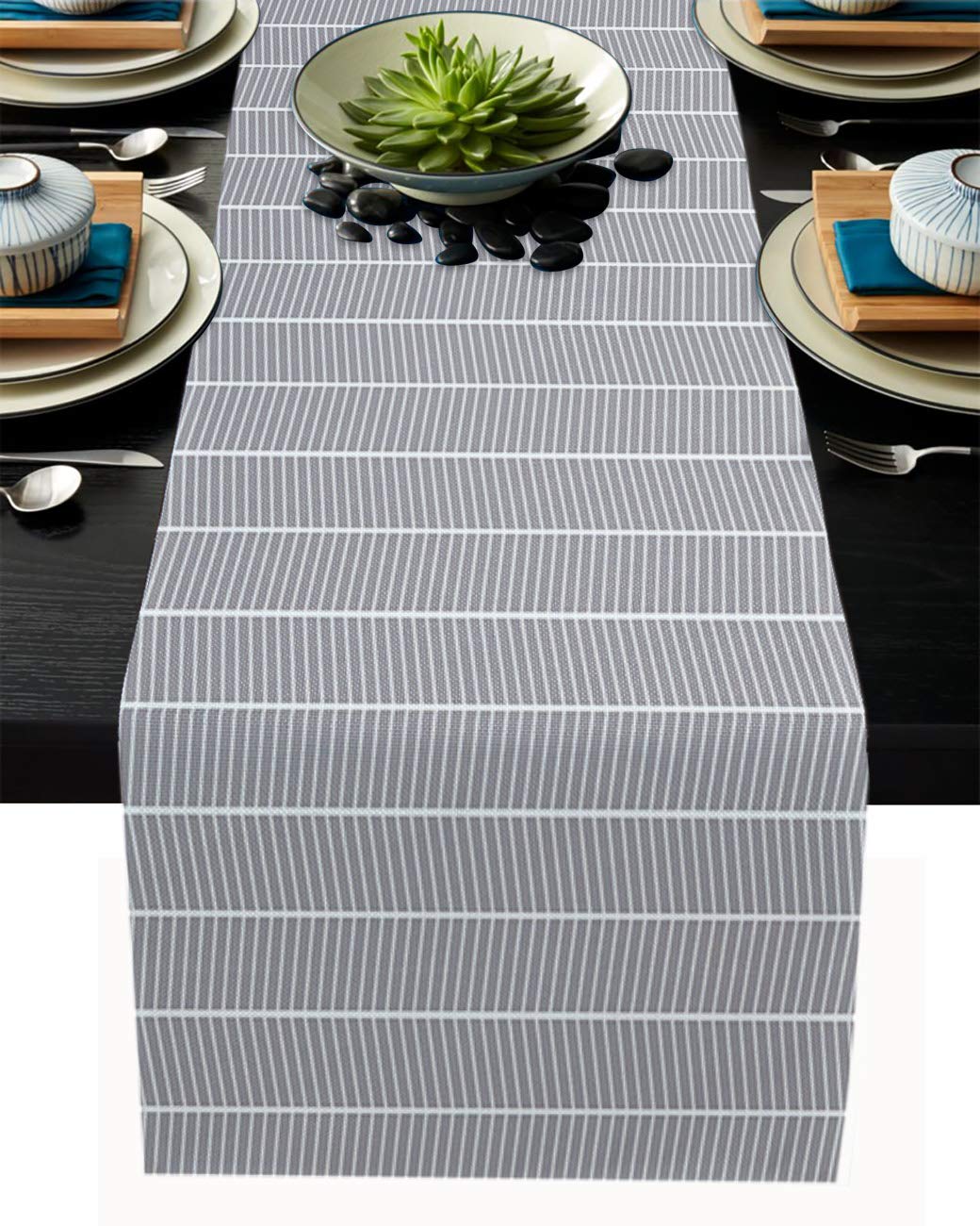HELLOWINK 72 Inch Geometric Gray Cotton Table Runner - Heat Resistant Dining Table Decor for Wedding, Party & Holiday - Striped Zig Zag Design for Dining Room, Buffet & Home Decoration