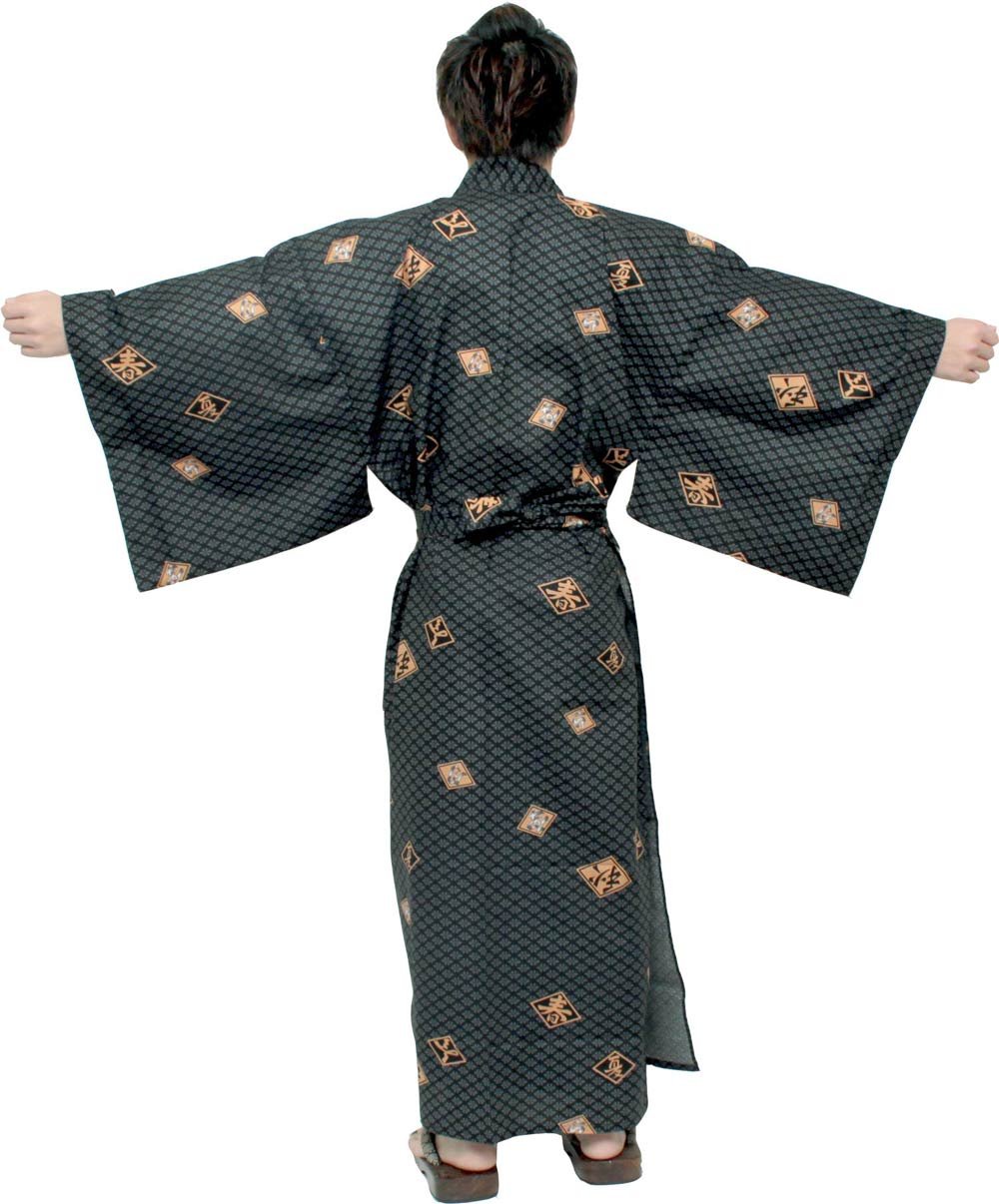 Japanese Men's Kimono Yukata Long Robe - 100% Cotton Black Diamond Pattern (Large 60