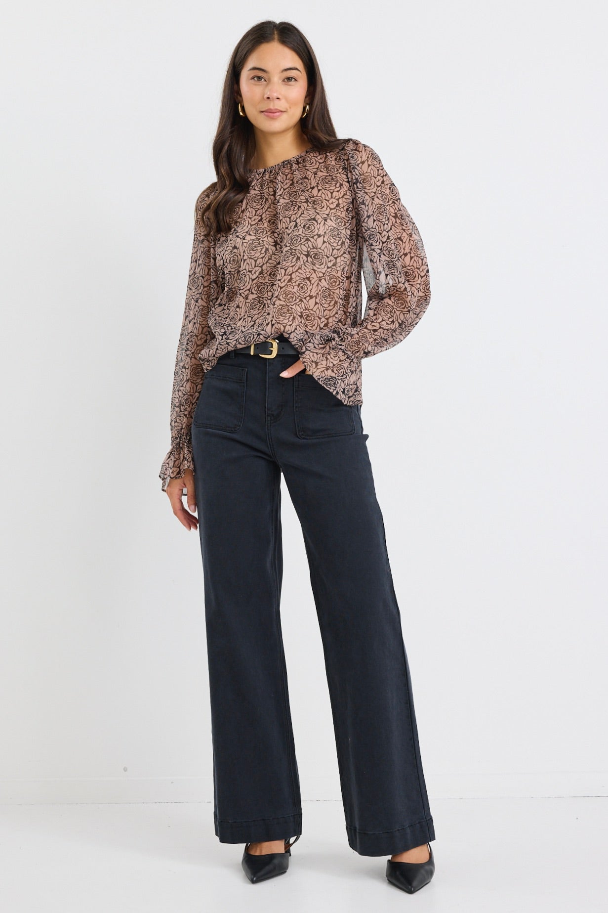 Black Taupe Roses Georgette Blouson Sleeve Long Sleeve Top for Women | Elegant Floral Blouse for Office, Date Night & Special Occasions
