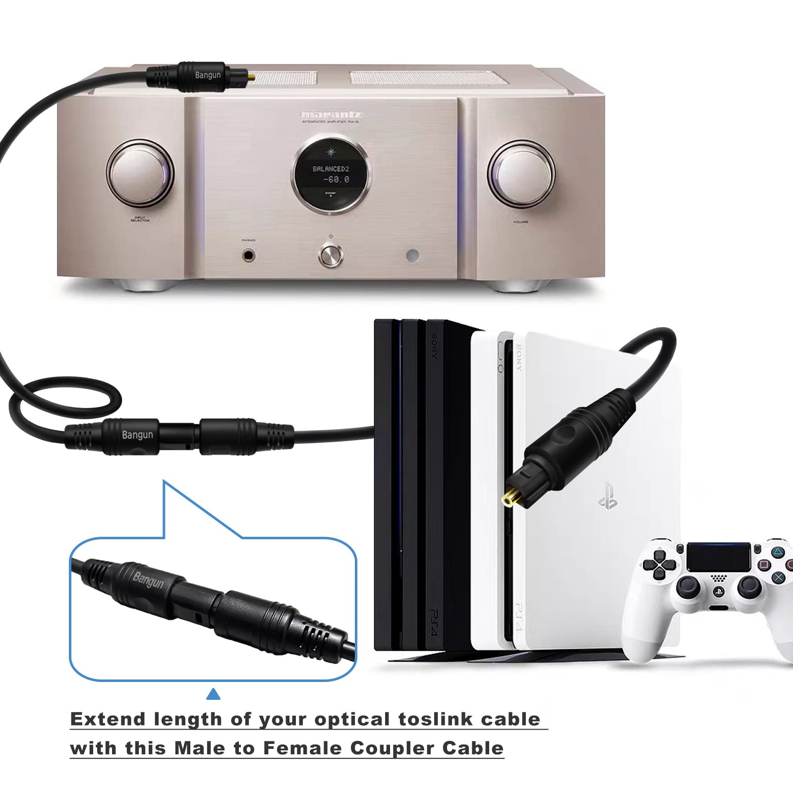 3ft Optical Cable Extension - Toslink Extender Cable, Male to Female Digital Audio Fiber Optic Cable for Soundbar, TV, PS4, Xbox, Home Theater - Perfect for Gaming, Home Entertainment & Audio Systems