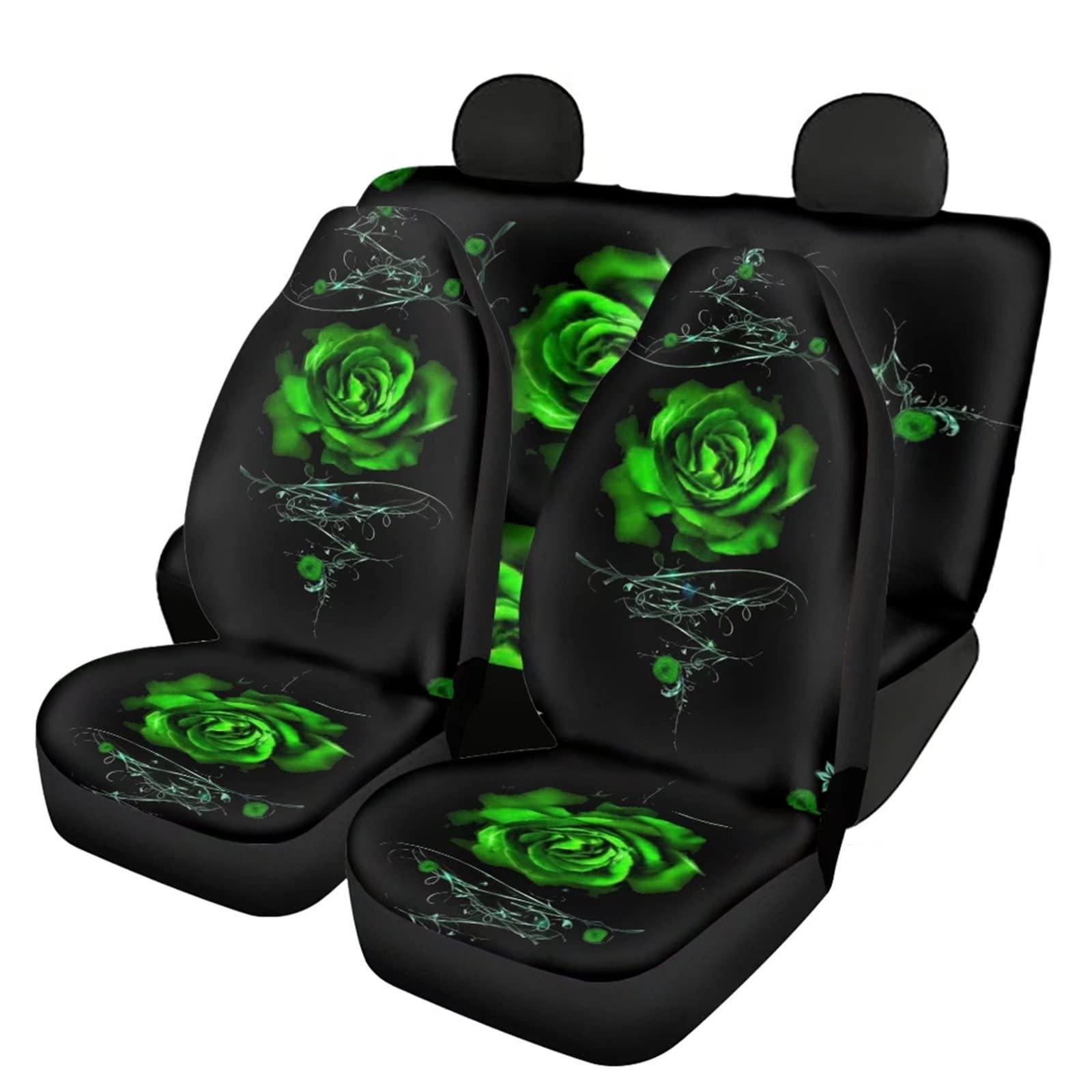 Eco-Friendly Green Rose Car Seat Covers - 4-Piece Split Bench Set for Front & Back Seats | Universal Fit, Soft & Durable | Perfect for Women & Daily Commuting