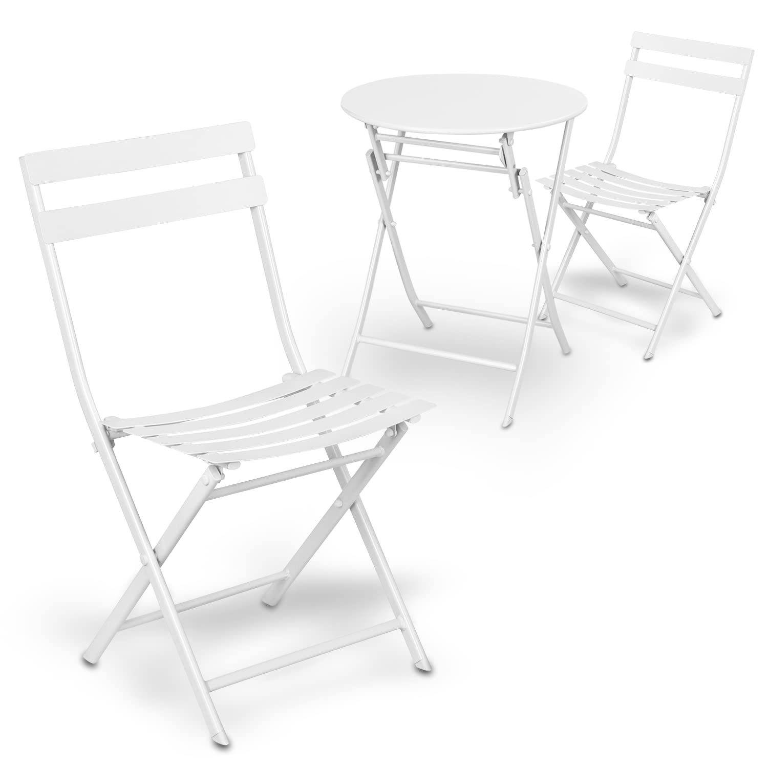 MoNiBloom 3-Piece White Folding Outdoor Bistro Set - Metal Round Table & Chairs for Patio, Porch, Yard, Balcony & Garden | Perfect for Small Spaces, Morning Coffee & Outdoor Dining