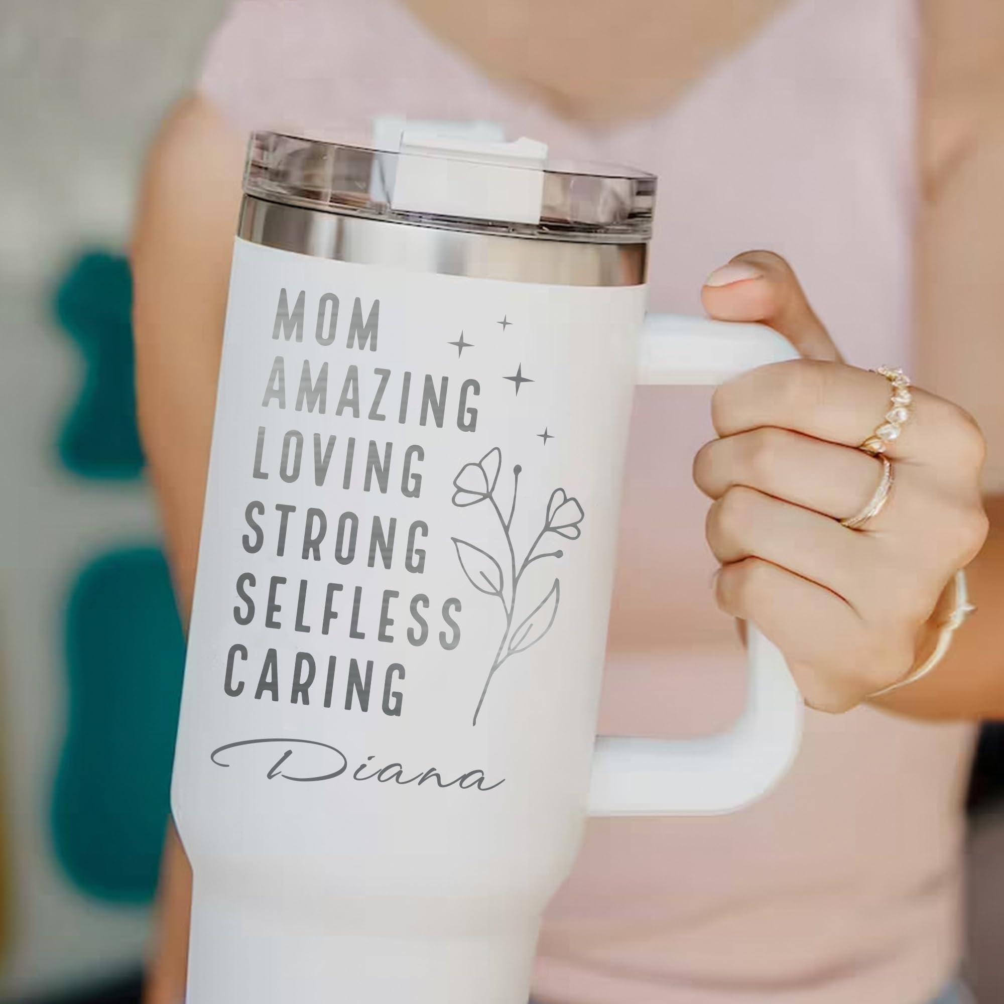 Personalized 40 oz Tumbler with Handle, Straw & Lid - Custom Engraved Travel Mug for Mom - Double Wall Vacuum Insulated Coffee Cup - Perfect Mother's Day & Birthday Gift - Ideal for Office, Gym, Travel & Daily Use