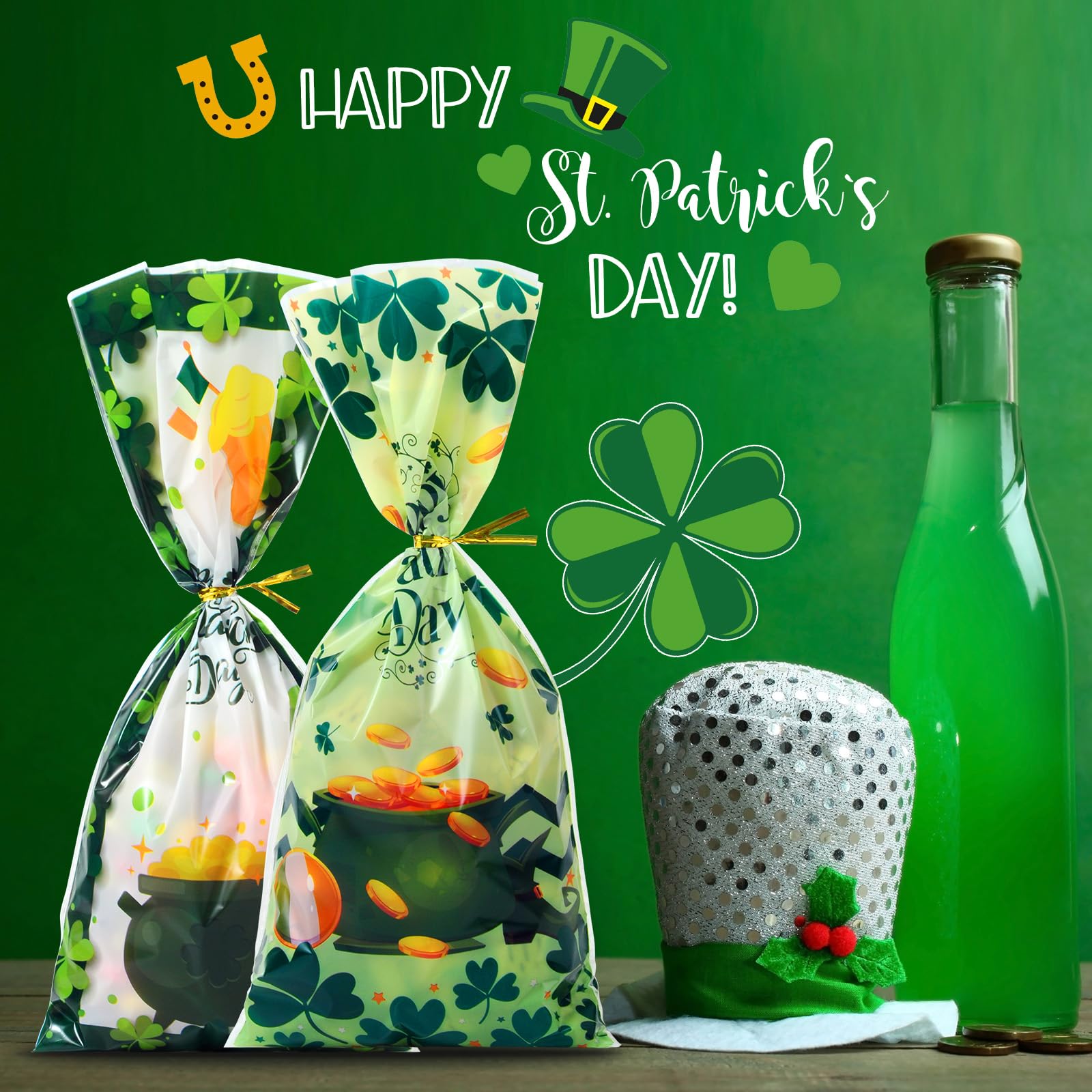 50 Pcs Green St. Patrick's Day Cellophane Treat Bags 5