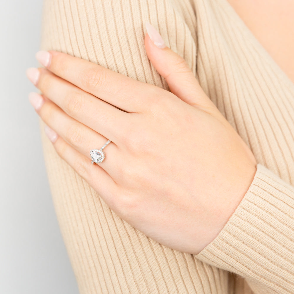 9ct White Gold Zirconia Pear Shaped Halo Ring - Elegant Engagement & Wedding Jewelry for Women - Perfect for Proposals, Anniversaries & Special Occasions