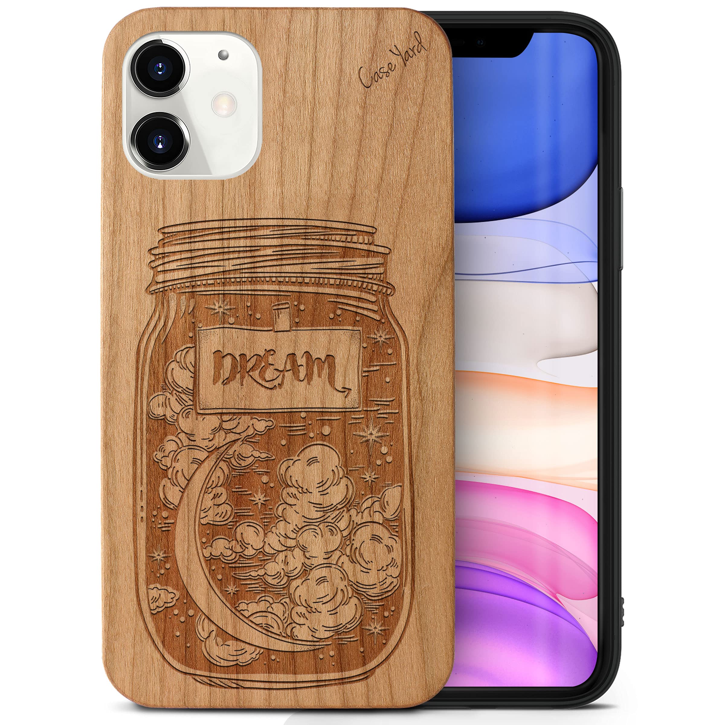 CaseYard Laser Engraved Cherry Wood Phone Case for iPhone 12 Mini - Jar of Dreams Design, Shockproof Slim Fit Protective Cover for Men & Women | Perfect for Everyday Use, Travel & Gift Giving
