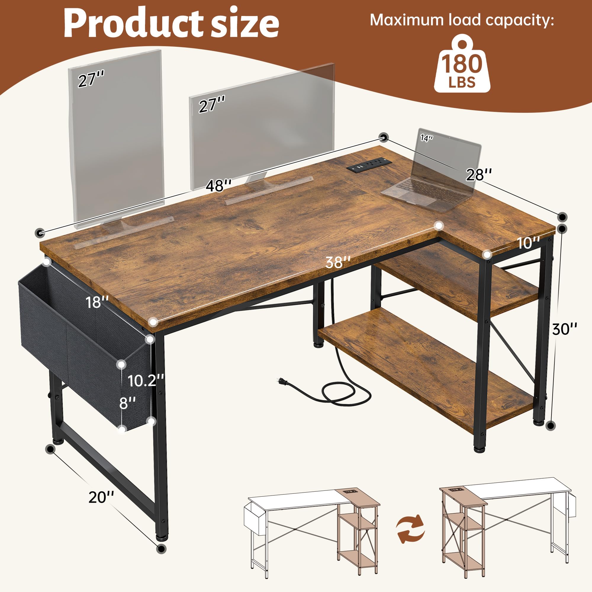48 Inch L-Shaped Gaming Desk with Storage Shelves, Power Outlets & Side Bag - Reversible Computer Desk with X-Shaped Support for Home Office, Bedroom, Study - Rustic Brown Wooden Workstation for PC Gaming, Remote Work & Online Study