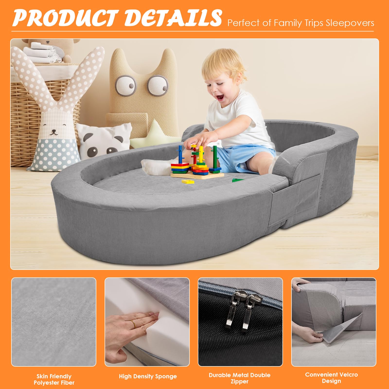 SUNYRISY 2-in-1 Portable Toddler Travel Bed & Floor Bed - Foldable Kids Camping Cot with 2 Waterproof Mattress Covers - Perfect for Travel, Home, Daycare & Outdoor Adventures