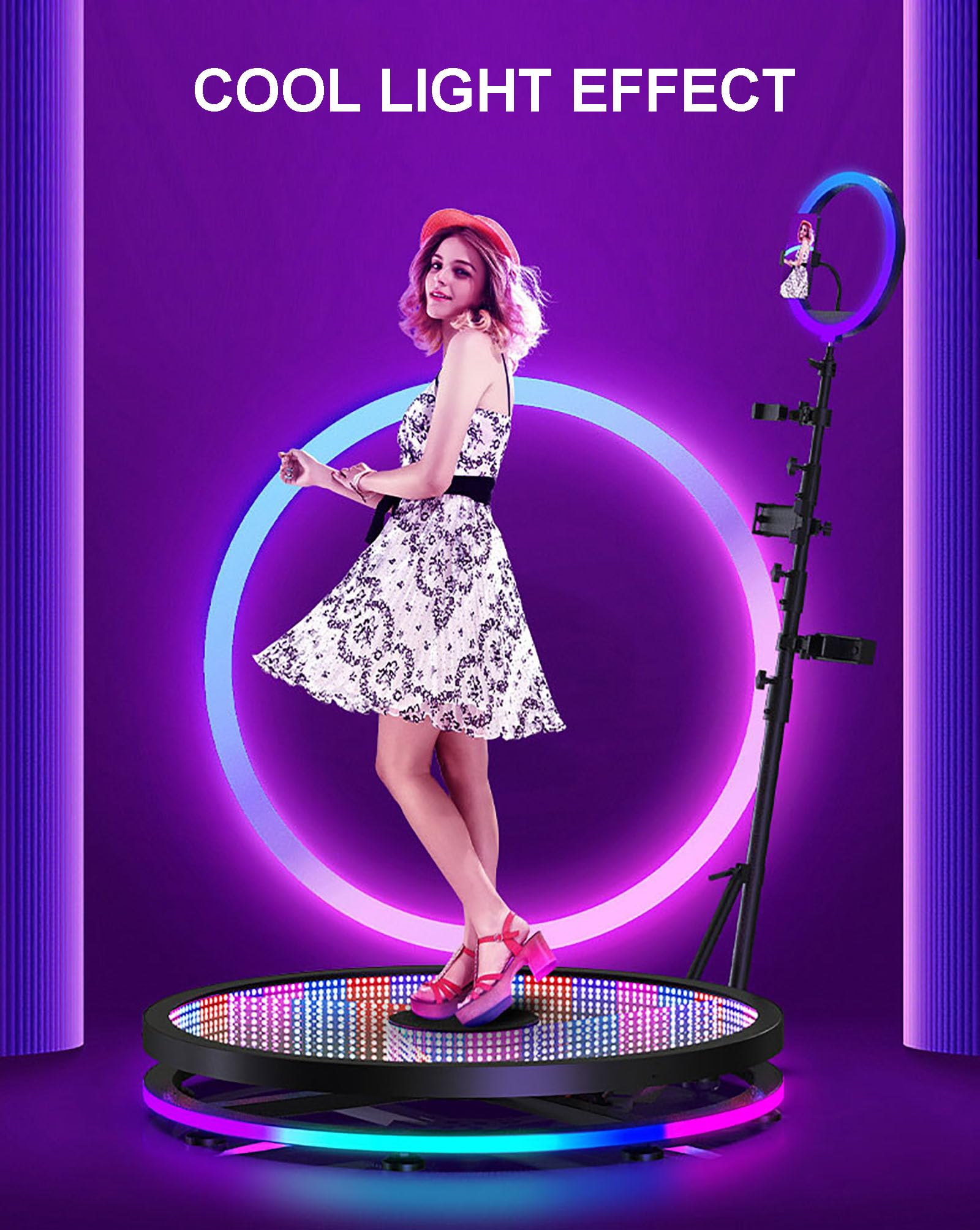 360 Photo Booth with RGB Ring Light - Portable Selfie Video Platform for 1-7 People, Slow Motion Camera Booth with Magic Glass & Flight Case - Perfect for Parties, Weddings, and Social Media Content Creation