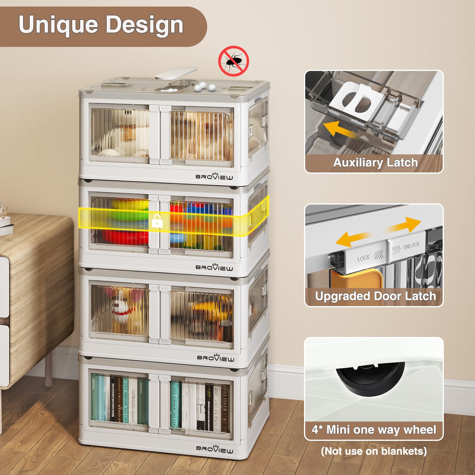 V5 25 Gallon Plastic Storage Bins with Lids - 3 Pack Stackable Collapsible Storage Containers for Closet Organization, Folding Drawers with Wheels & Doors - Perfect for Home, Office, Garage & Closet Storage (White)