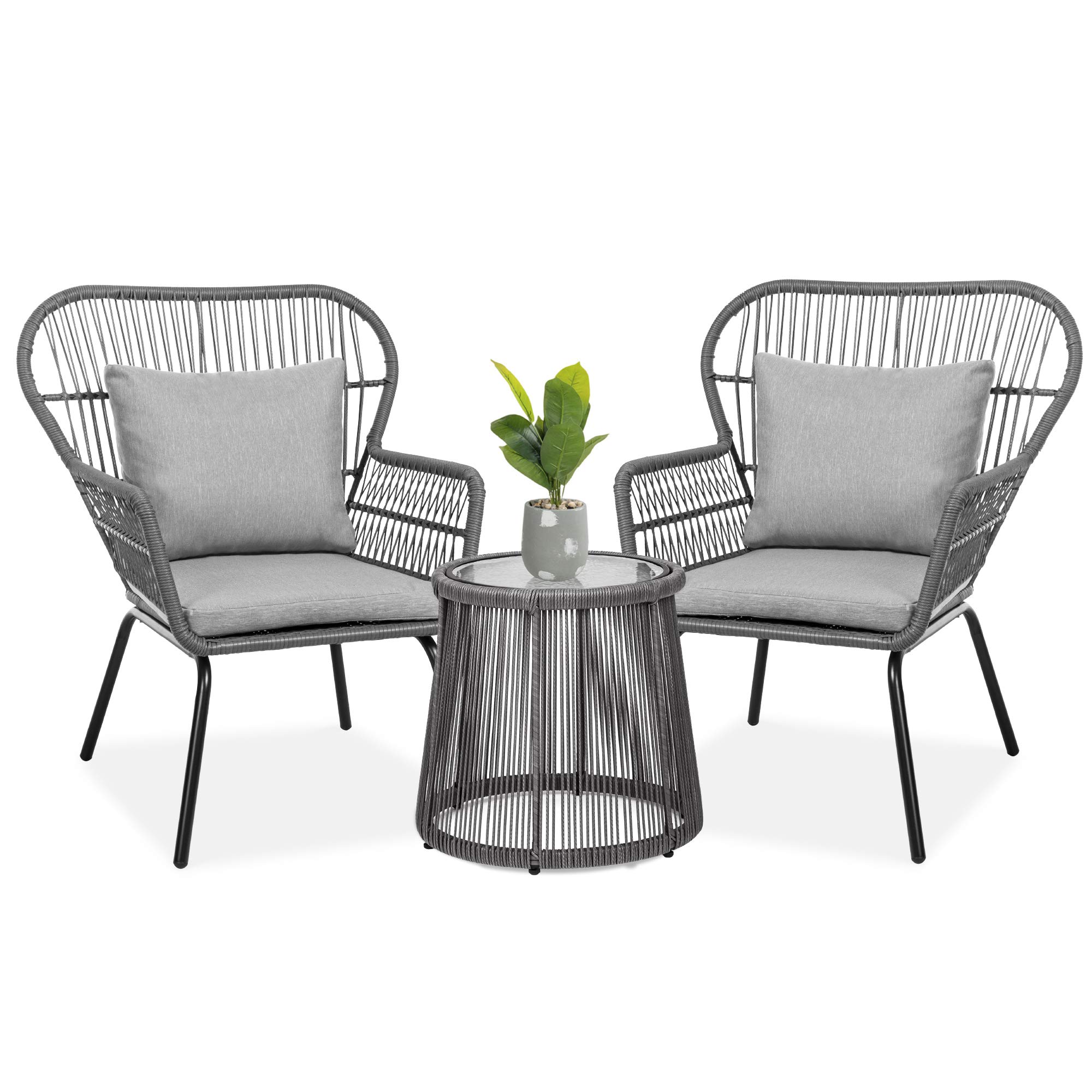 Best Choice Products 3-Piece Patio Conversation Bistro Set - Outdoor All-Weather Wicker Furniture with 2 Ergonomic Chairs, Cushions & Glass Top Table - Gray - Perfect for Porch, Backyard, Garden or Balcony Relaxation
