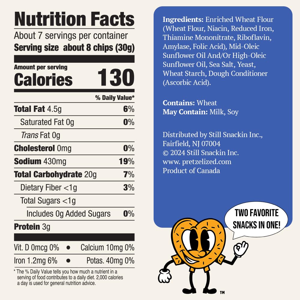 PRETZELIZED Pretzel Pita Chips, Sea Salt Flavored, 7oz Bag (Pack of 12) - Crunchy Snack for Parties, School Lunches & On-the-Go Healthy Eating