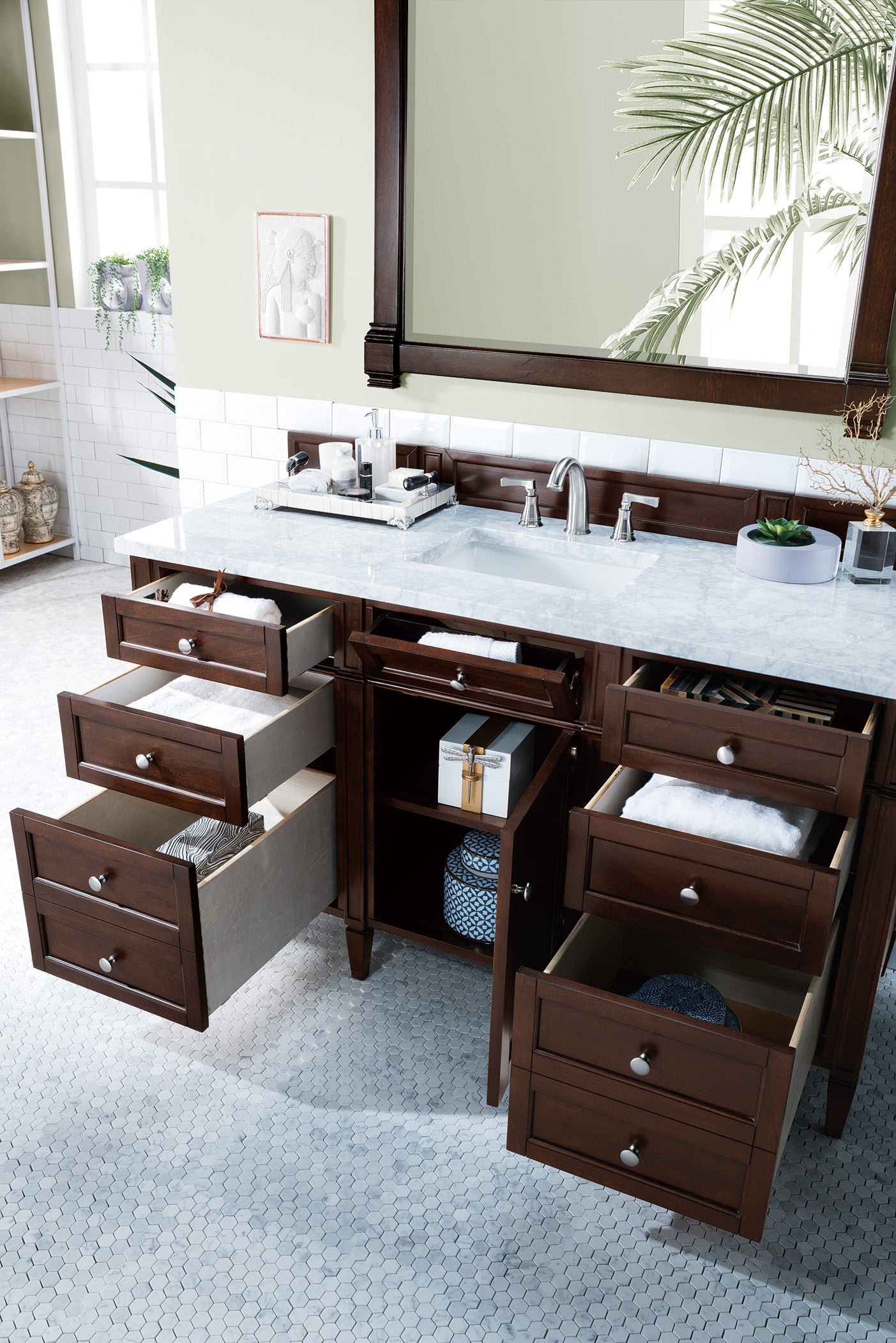 Brittany 60-Inch Burnished Mahogany Bathroom Vanity with 3CM Carrara Marble Top - Perfect for Master Bathroom & Powder Room Remodeling