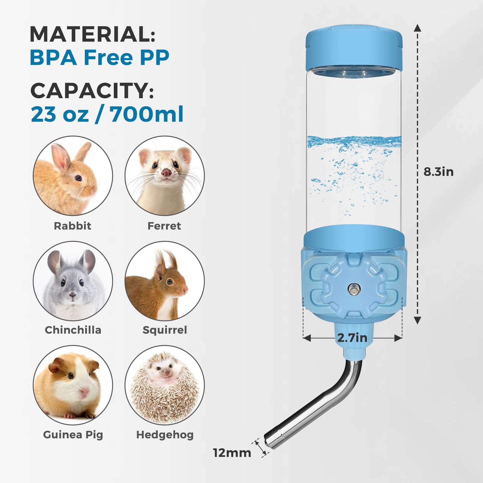 Vannon 23oz Top Fill Small Animal Water Dispenser for Cage - Auto Feeding Water Bottle for Rabbit, Chinchilla, Ferret, Guinea Pig, Squirrel, Hedgehog - BPA Free, 10mm Nozzle, Blue - Perfect for Travel & Home Pet Cages