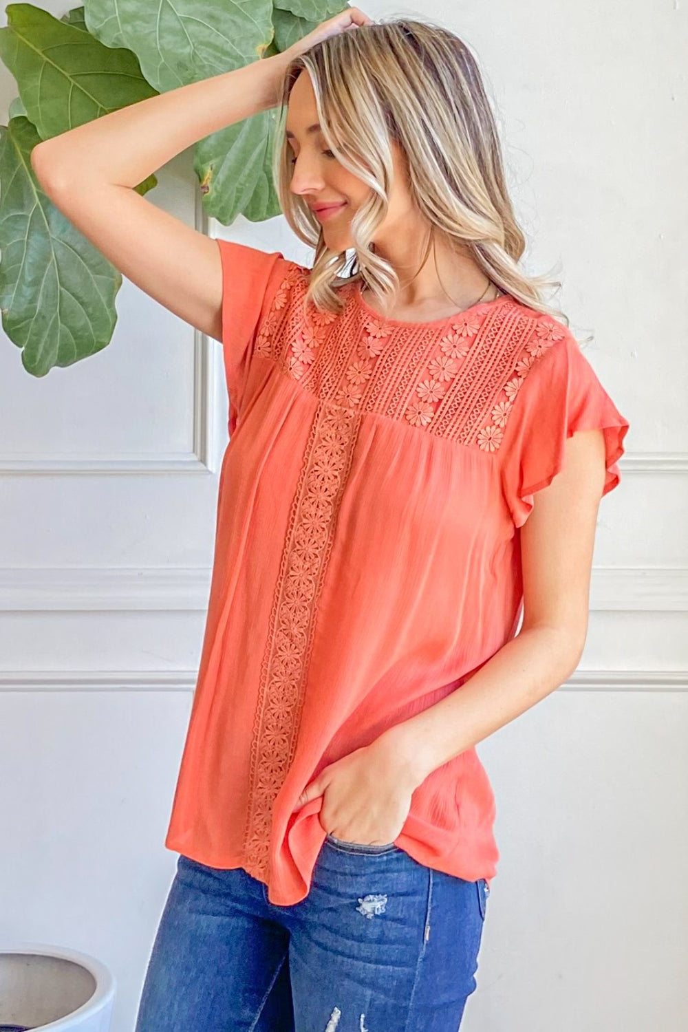 Stylish Lace Detail Ruffle Short Sleeve Blouse Top for Women - Perfect for Office Wear, Date Nights & Summer Outfits