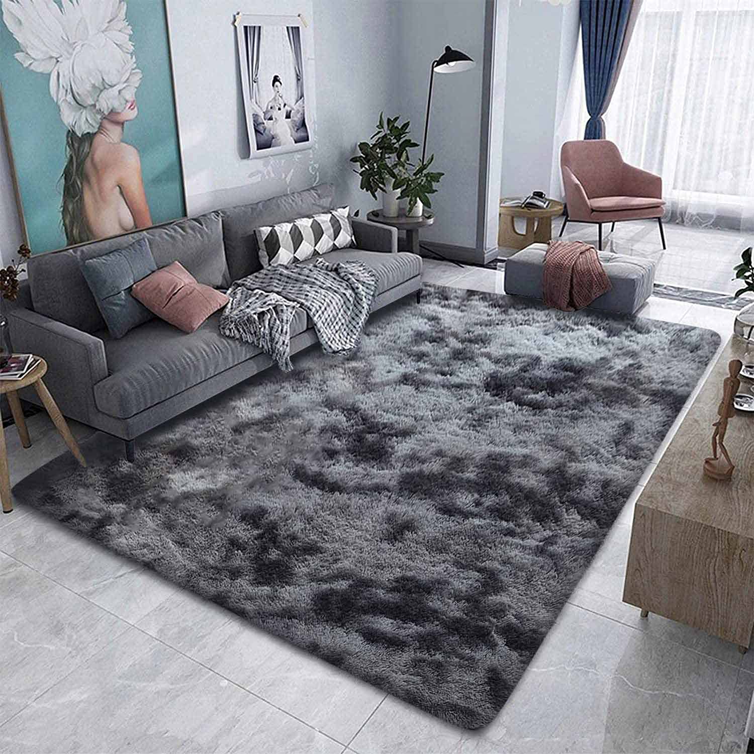 Kinganda Soft Shag Area Rugs - Non-Slip Fluffy Large Rug for Bedroom, Living Room, Nursery & Kids Room - Washable Shaggy Carpet (Black Grey, 6.5'×9.8'/200×300cm) - Perfect for Cozy Home Decor & Play Areas