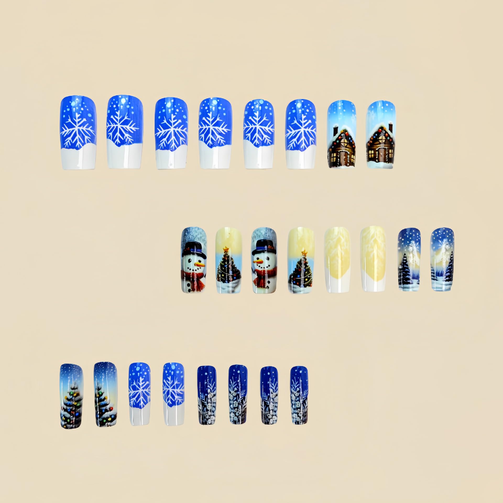 Christmas Press On Nails - Medium Square Blue & White Xmas Nails with Snowman, Snowflake & Holiday Designs - 24Pcs Glossy Acrylic False Nails for Women - Perfect for Holiday Parties, Gift Giving & Winter Nail Art
