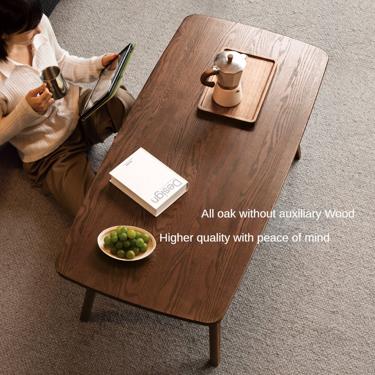 Solid Oak Wood Walnut Finish Double Layer Coffee Table - Modern Living Room Furniture for Home Decor & Small Space