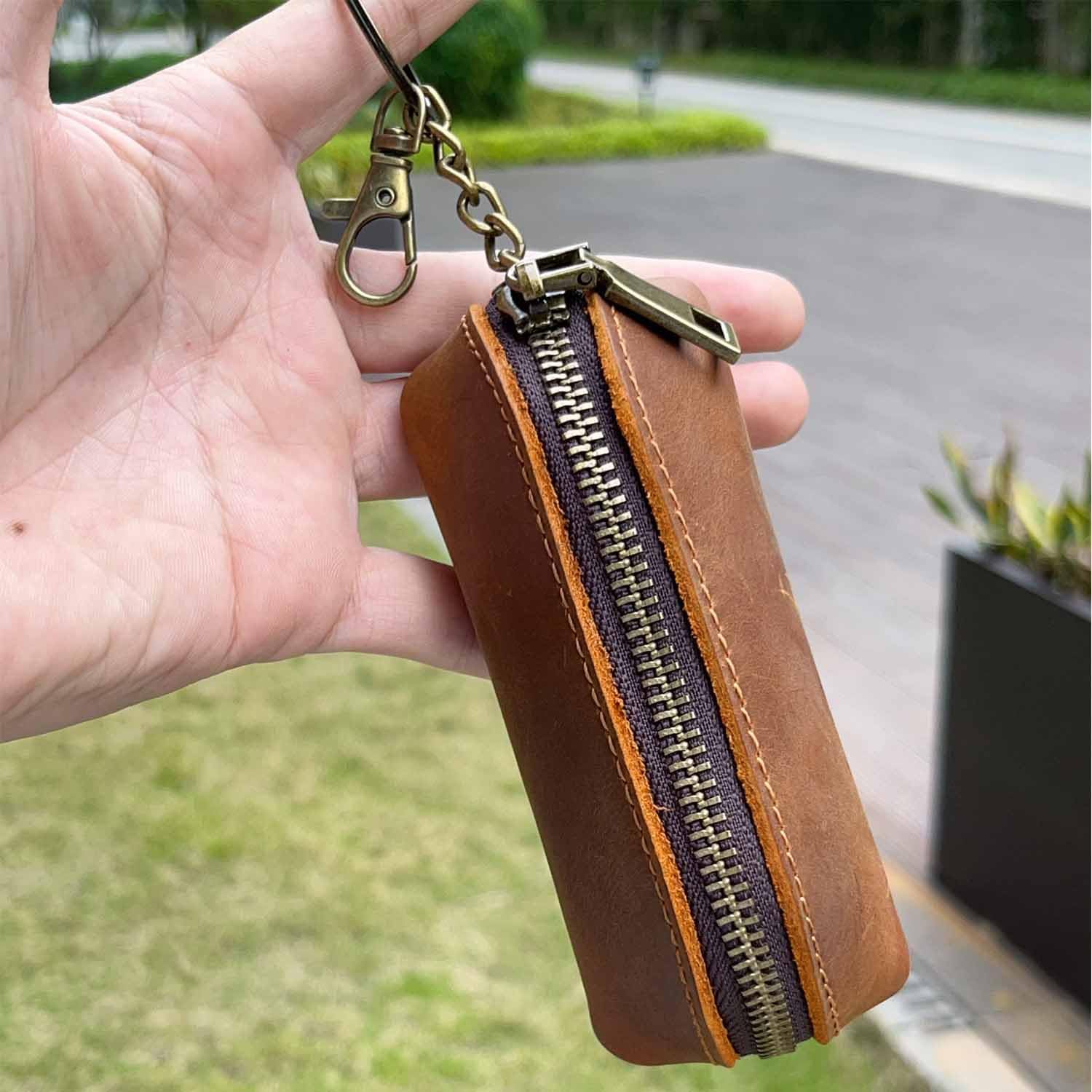Genuine Leather Coin Purse with Metal Hook & Key Ring - Zipper Coin Wallet for Men & Women - Compact Keychain Holder for Cash, Cards & Keys (Brown) - Perfect for Travel, Daily Use & Gift Giving