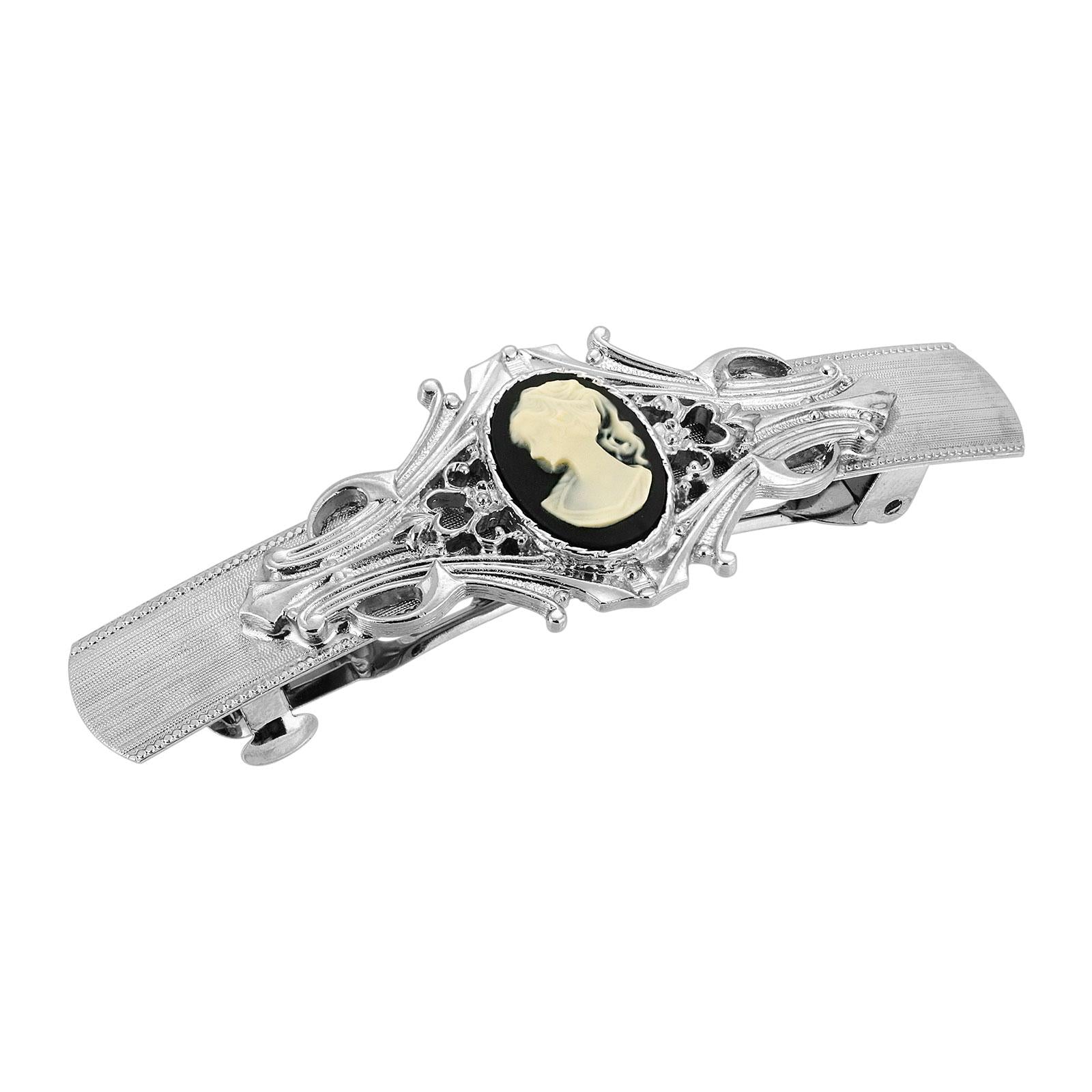1928 Jewelry Black and Ivory Cameo Oval Bar Hair Barrette - Vintage Style Hair Clip for Women, Perfect for Weddings, Parties, and Everyday Elegance
