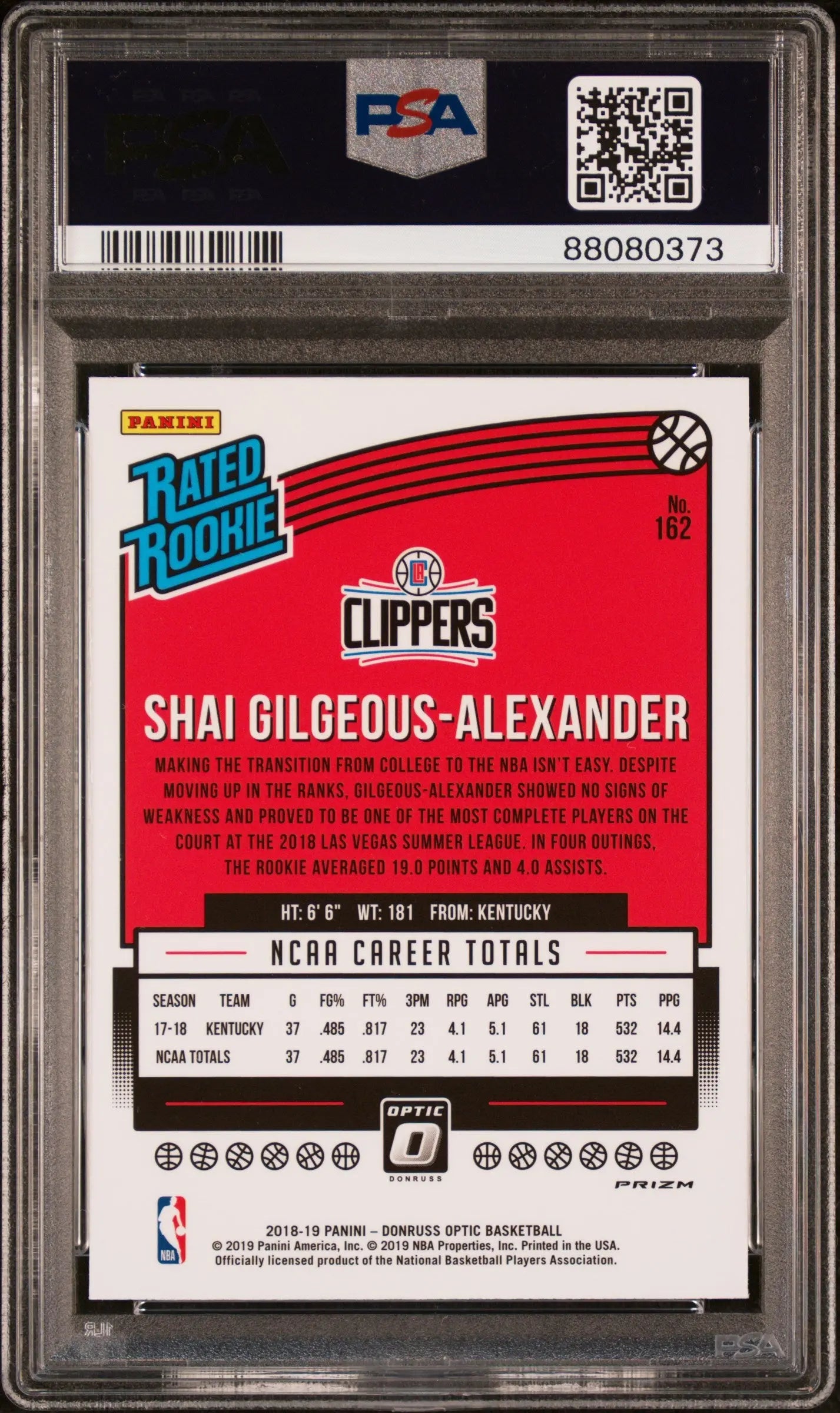 2018 Panini Donruss Optic Shai Gilgeous-Alexander Rated Rookie Holo PSA 10 Gem Mint Basketball Card - Perfect for NBA Collectors & Investment